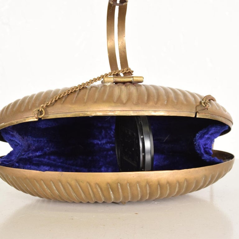 Art Deco Clam Shell Brass Purse with Purple Velvet For Sale at 1stDibs