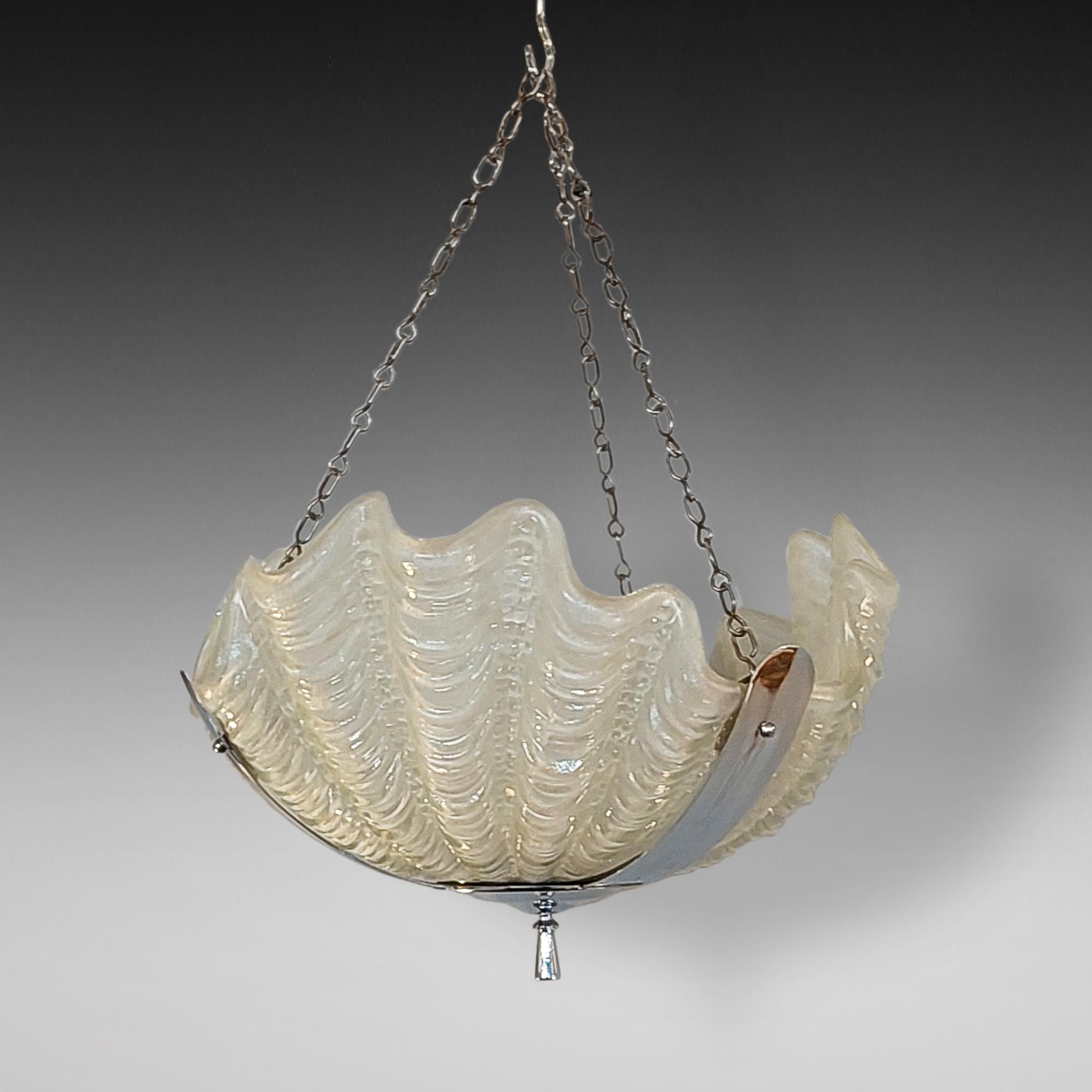 Art Deco Clam Shell Frosted Glass and Chrome Hanging Ceiling Lamp with Chrome Plate Rose and Chain - 12