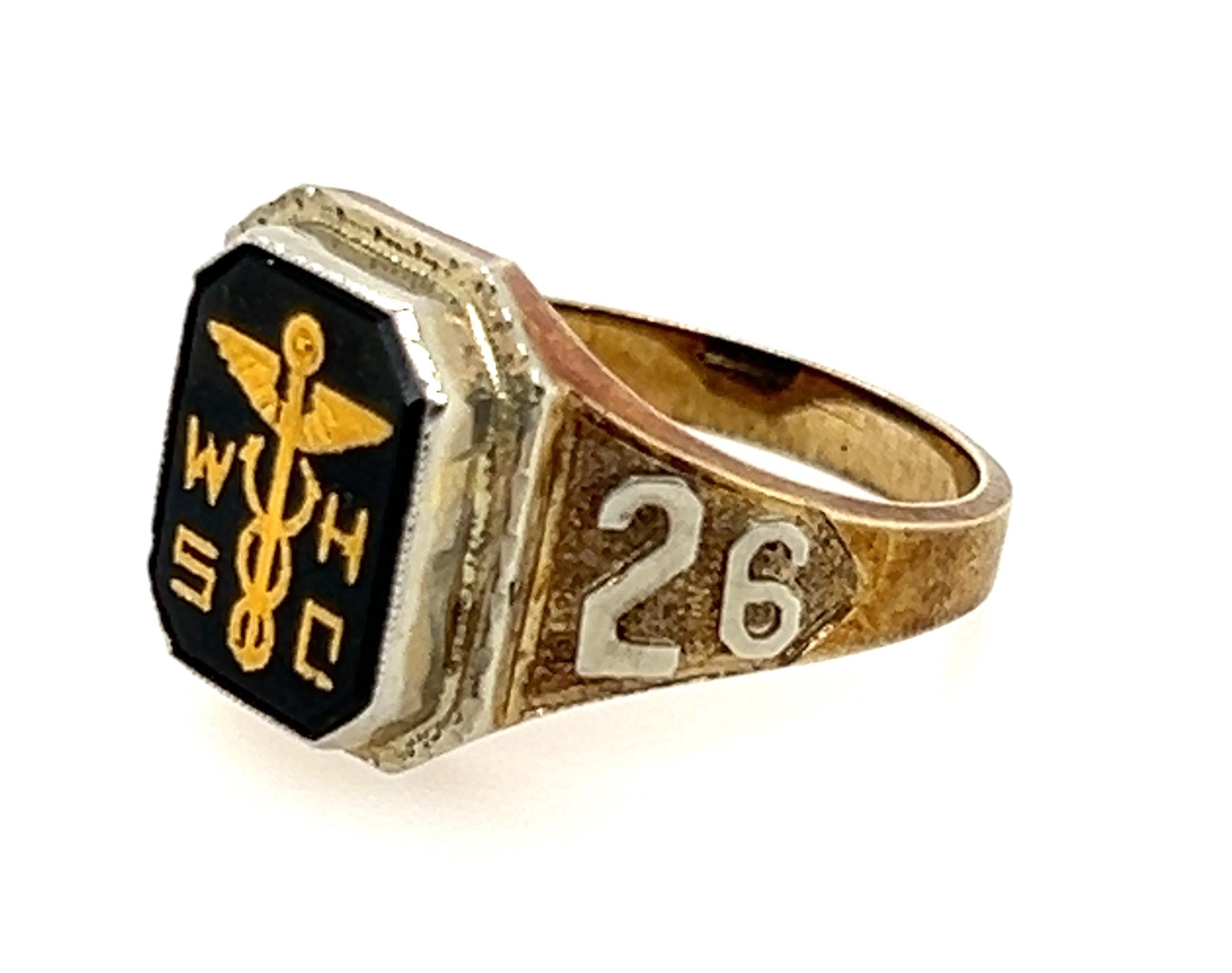Women's Art Deco Class Ring Antique Engraved 14K Yellow Gold Original 1926 Caduceus For Sale