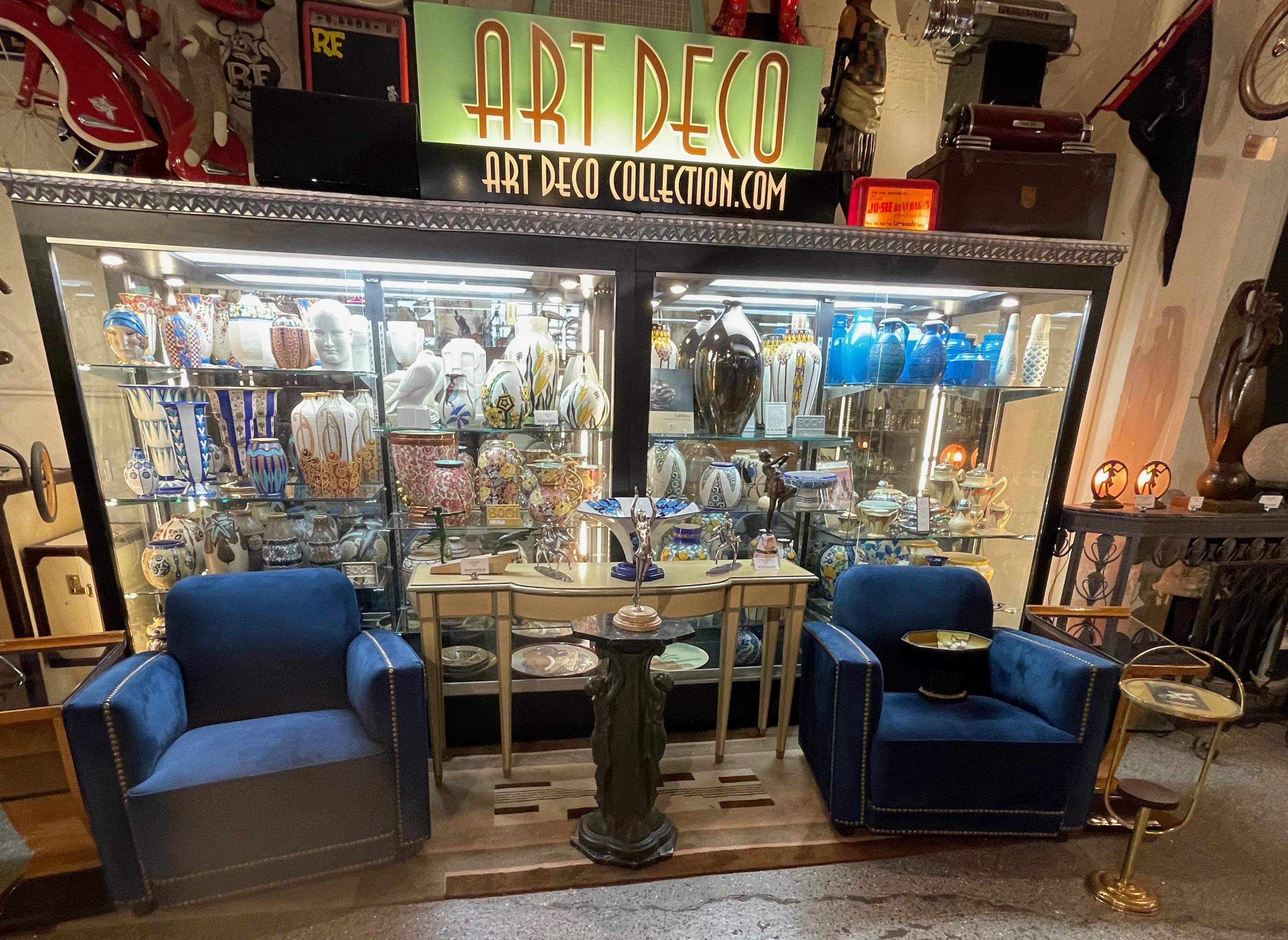 Art Deco classic club chairs original pair. Great shape, look through the photos, the deep blue color slightly used, is a soft ultra suede fabric. All the edges as fitted with original French nails which help to add design and detail to the overall