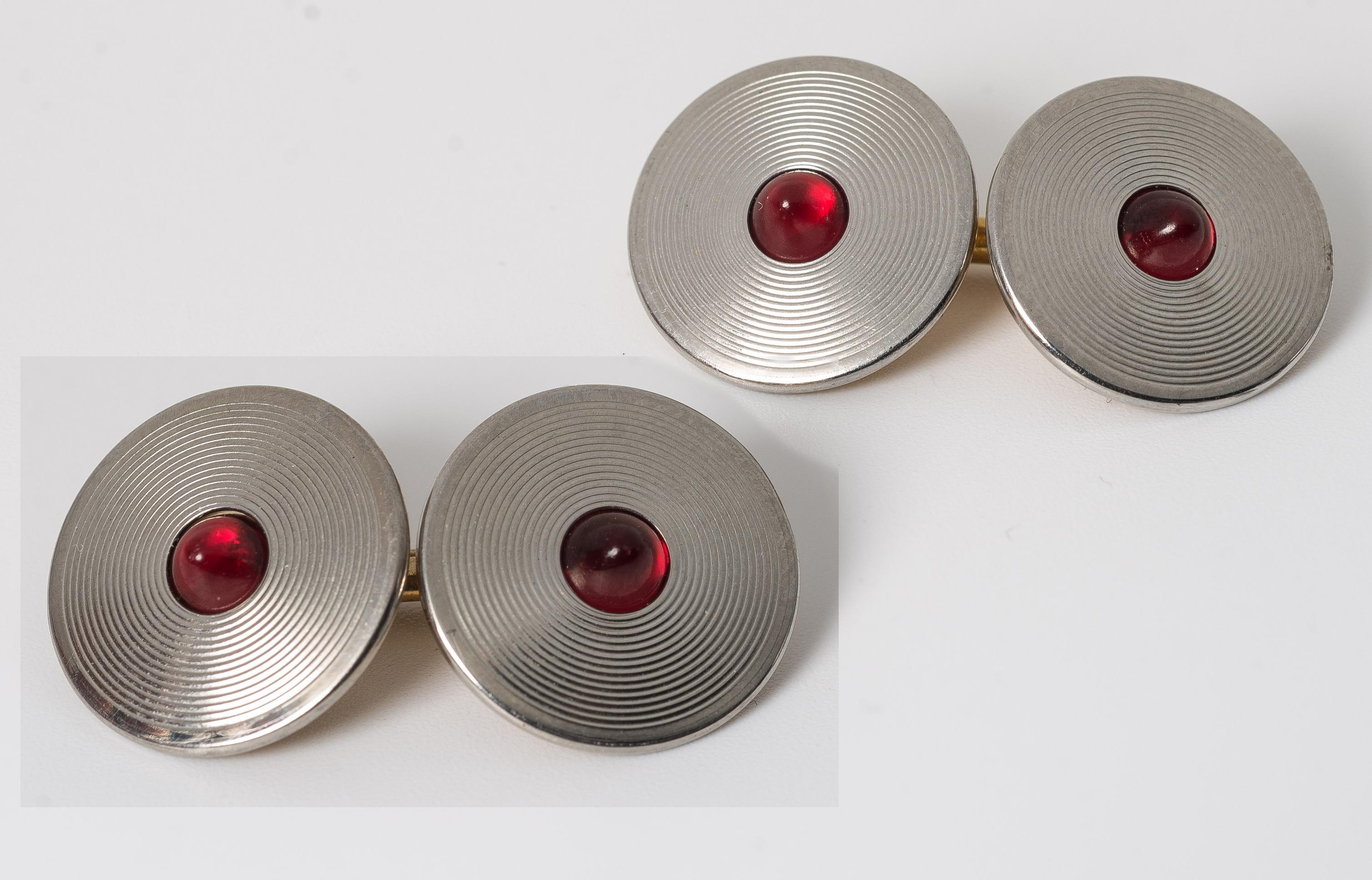 Art Deco classic faux ruby platinum metal finish mens cufflinks