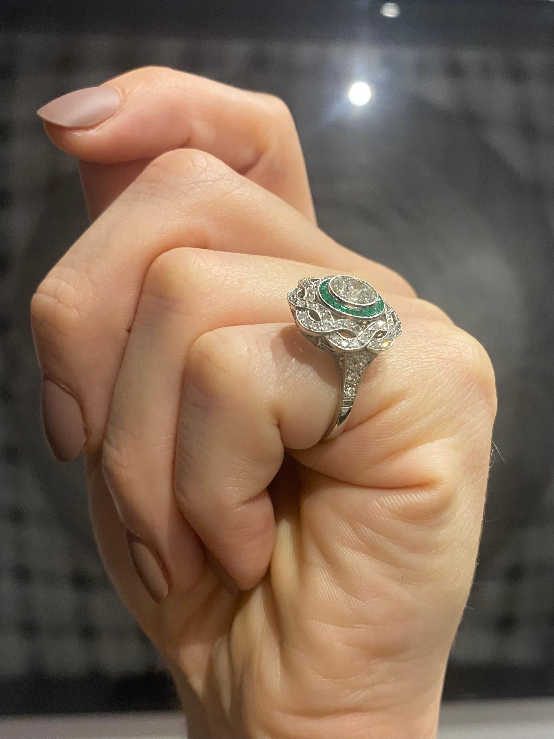 Brilliant Cut Art Deco Classic Halo Ring in Platinum with 3.23 Ctw in Diamonds and Emeralds