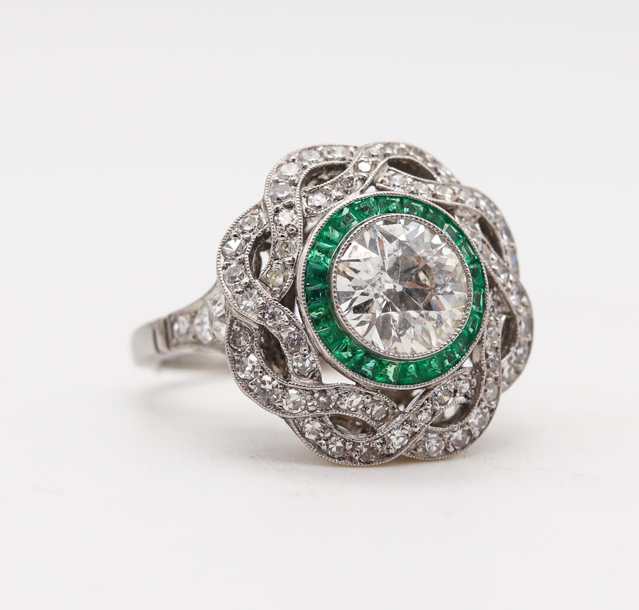 Women's Art Deco Classic Halo Ring in Platinum with 3.23 Ctw in Diamonds and Emeralds