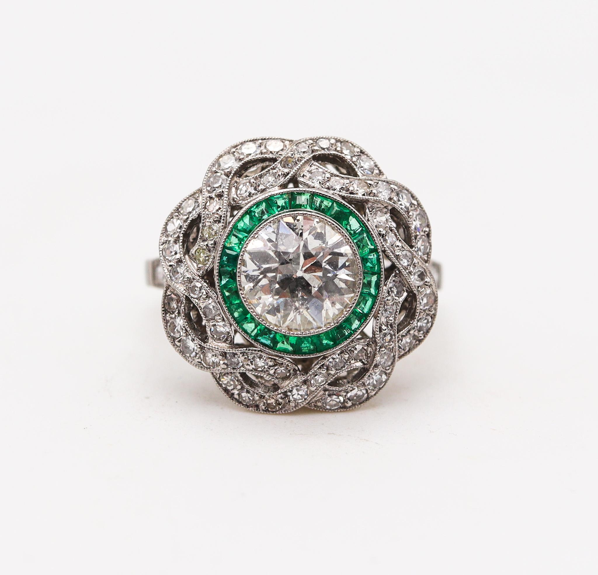 Art Deco Classic Halo Ring in Platinum with 3.23 Ctw in Diamonds and Emeralds 1