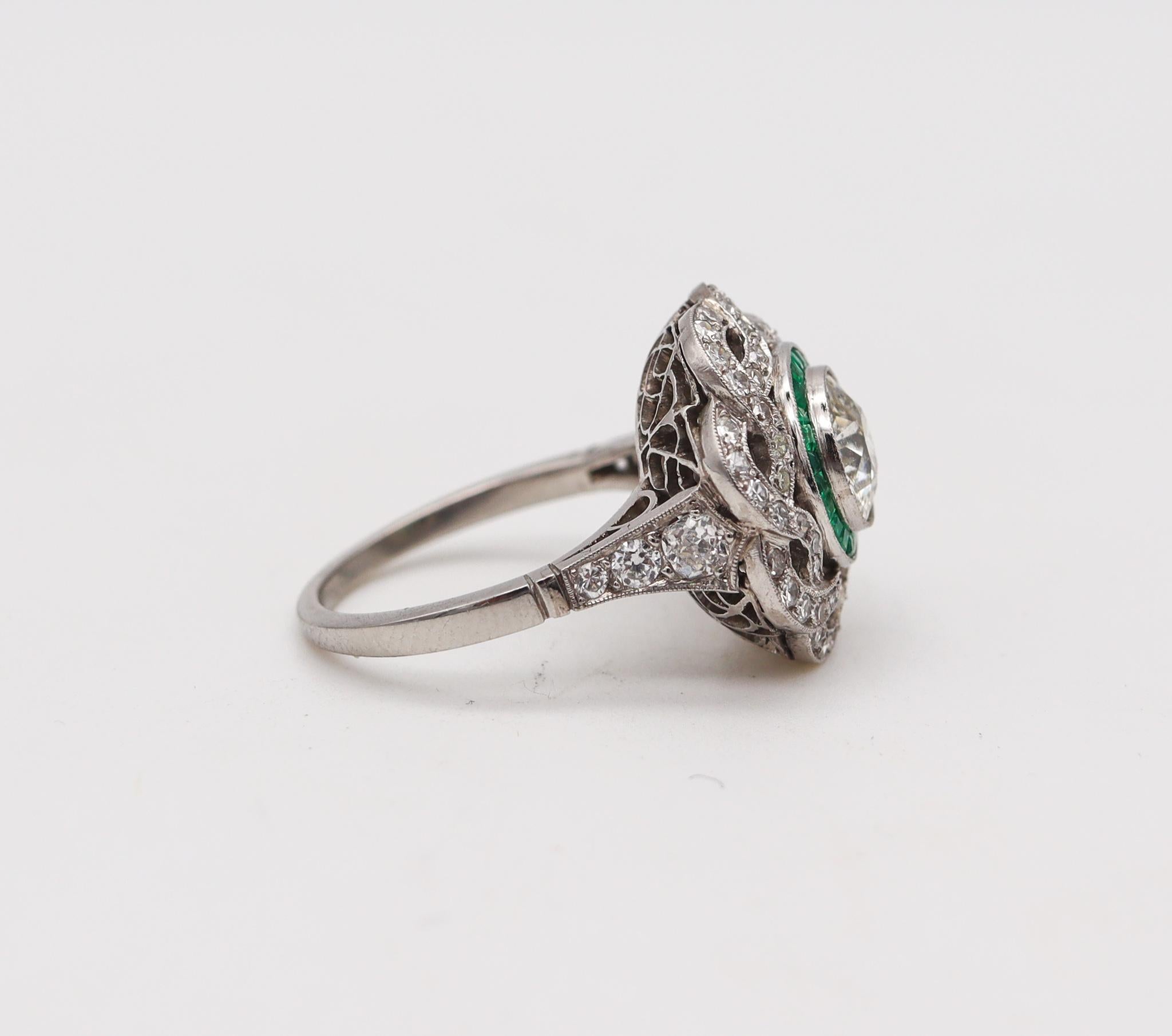 Art Deco Classic Halo Ring in Platinum with 3.23 Ctw in Diamonds and Emeralds 2