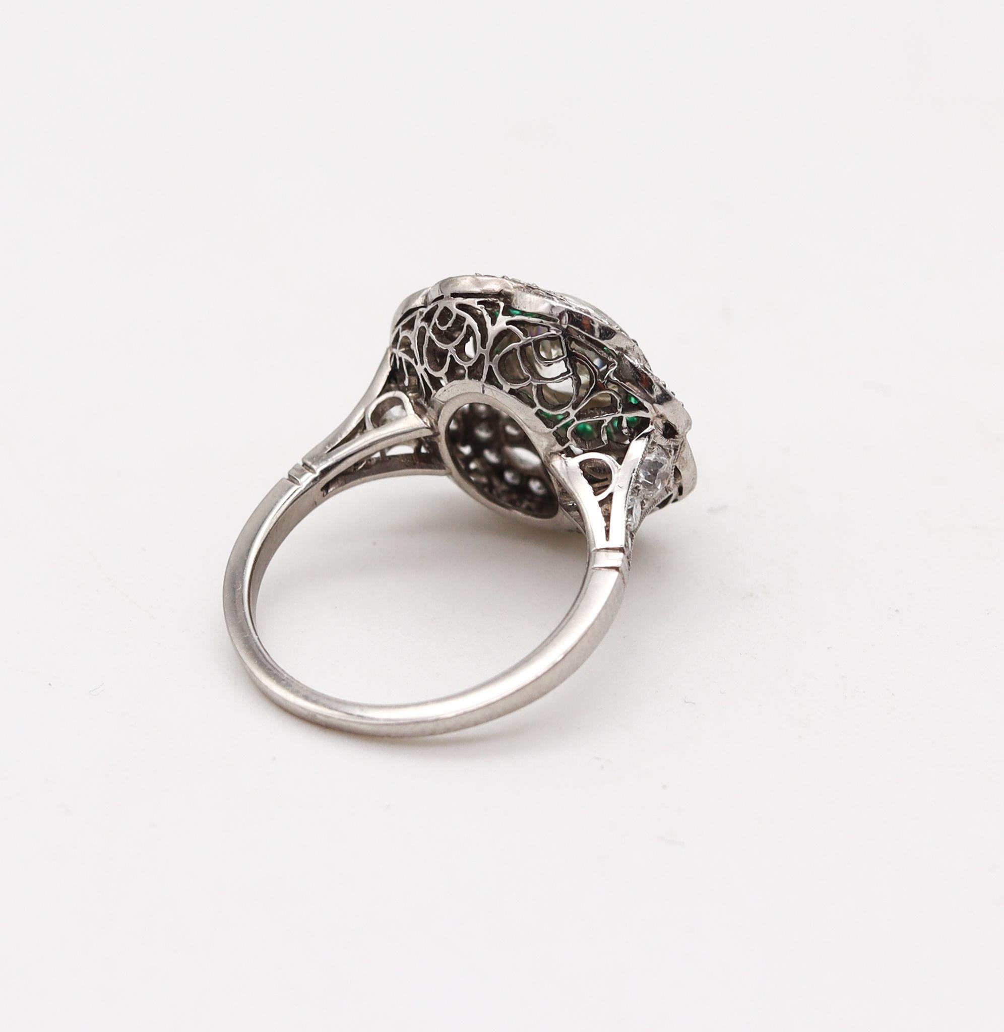 Art Deco Classic Halo Ring in Platinum with 3.23 Ctw in Diamonds and Emeralds 3