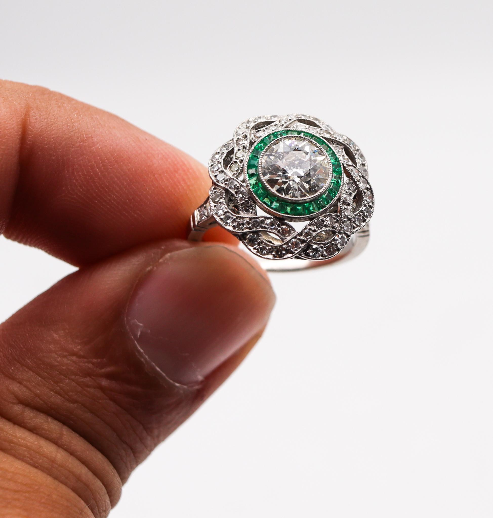 Art Deco Classic Halo Ring in Platinum with 3.23 Ctw in Diamonds and Emeralds 4