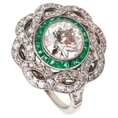 Art Deco Classic Halo Ring in Platinum with 3.23 Ctw in Diamonds and Emeralds