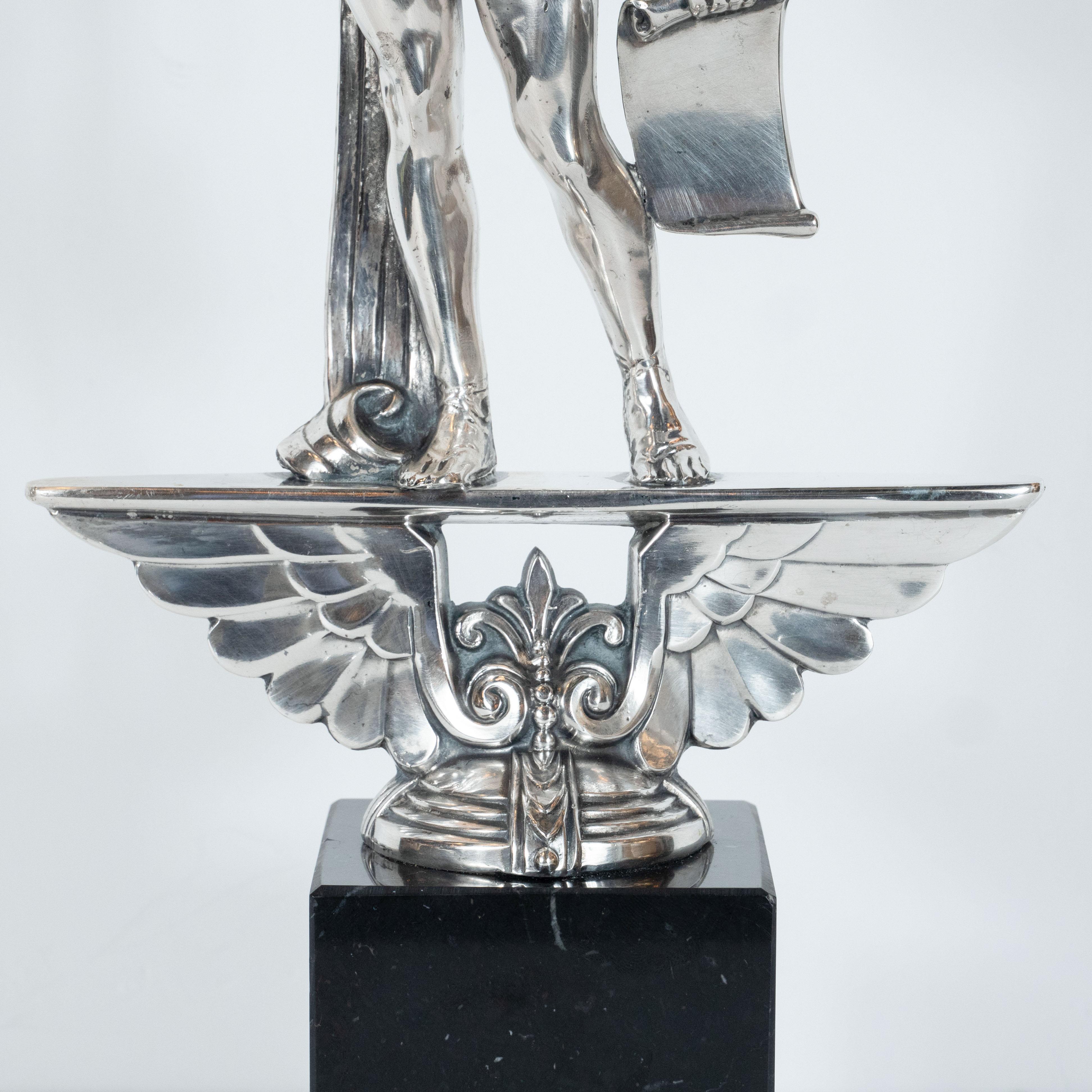 American Art Deco Classical Figurative Silvered Sculpture with Wing and Acanthus Motifs