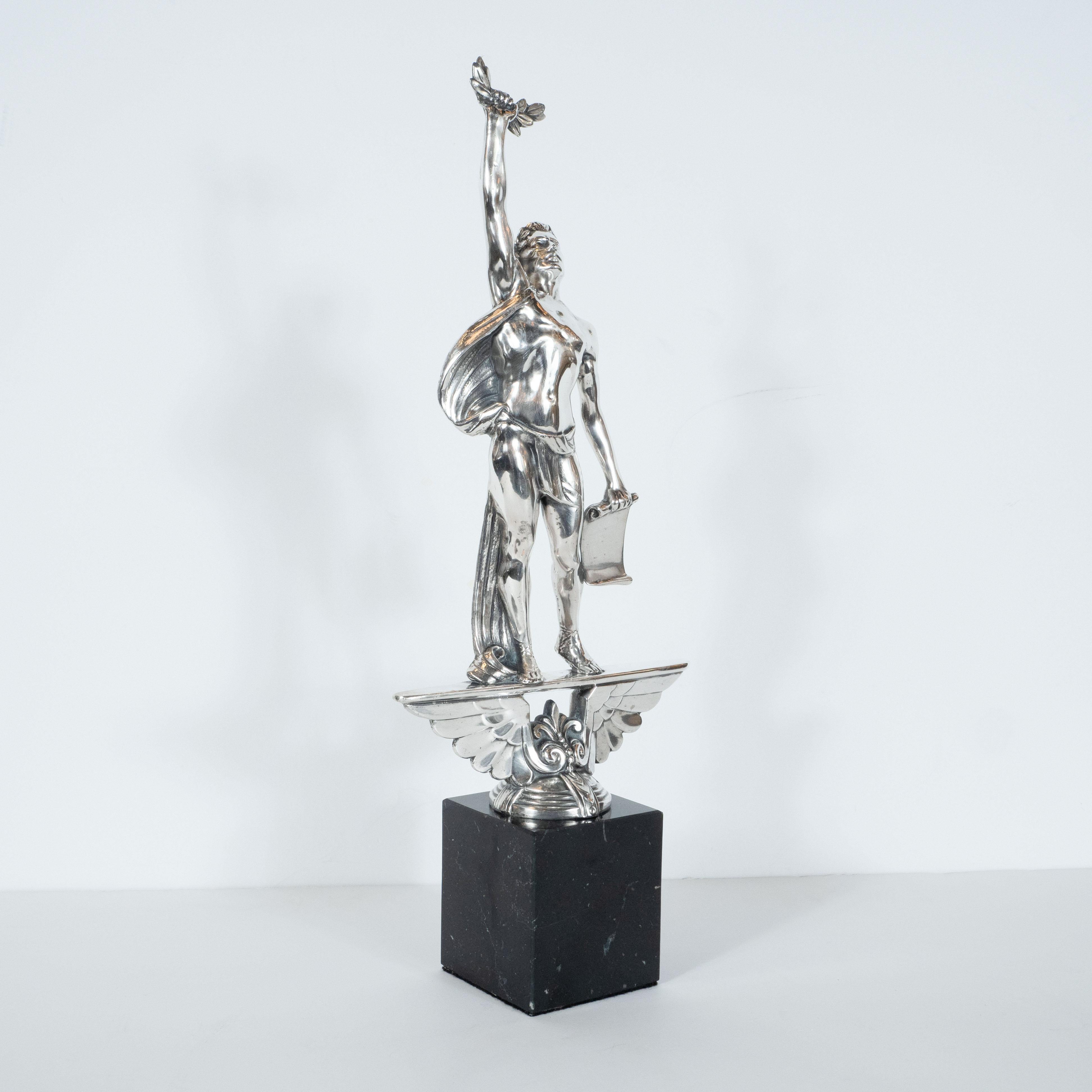 Belgian Black Marble Art Deco Classical Figurative Silvered Sculpture with Wing and Acanthus Motifs
