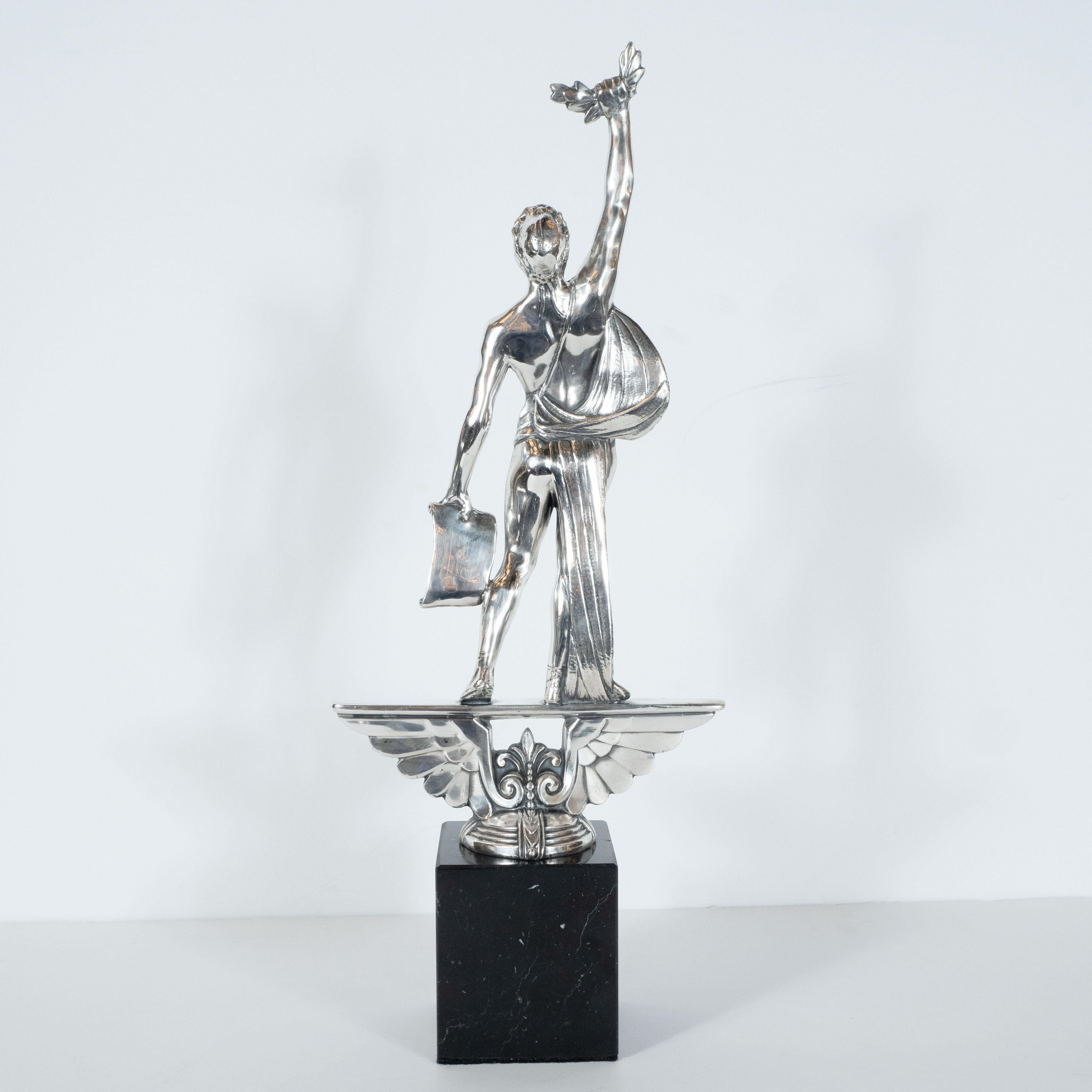 Art Deco Classical Figurative Silvered Sculpture with Wing and Acanthus Motifs 2