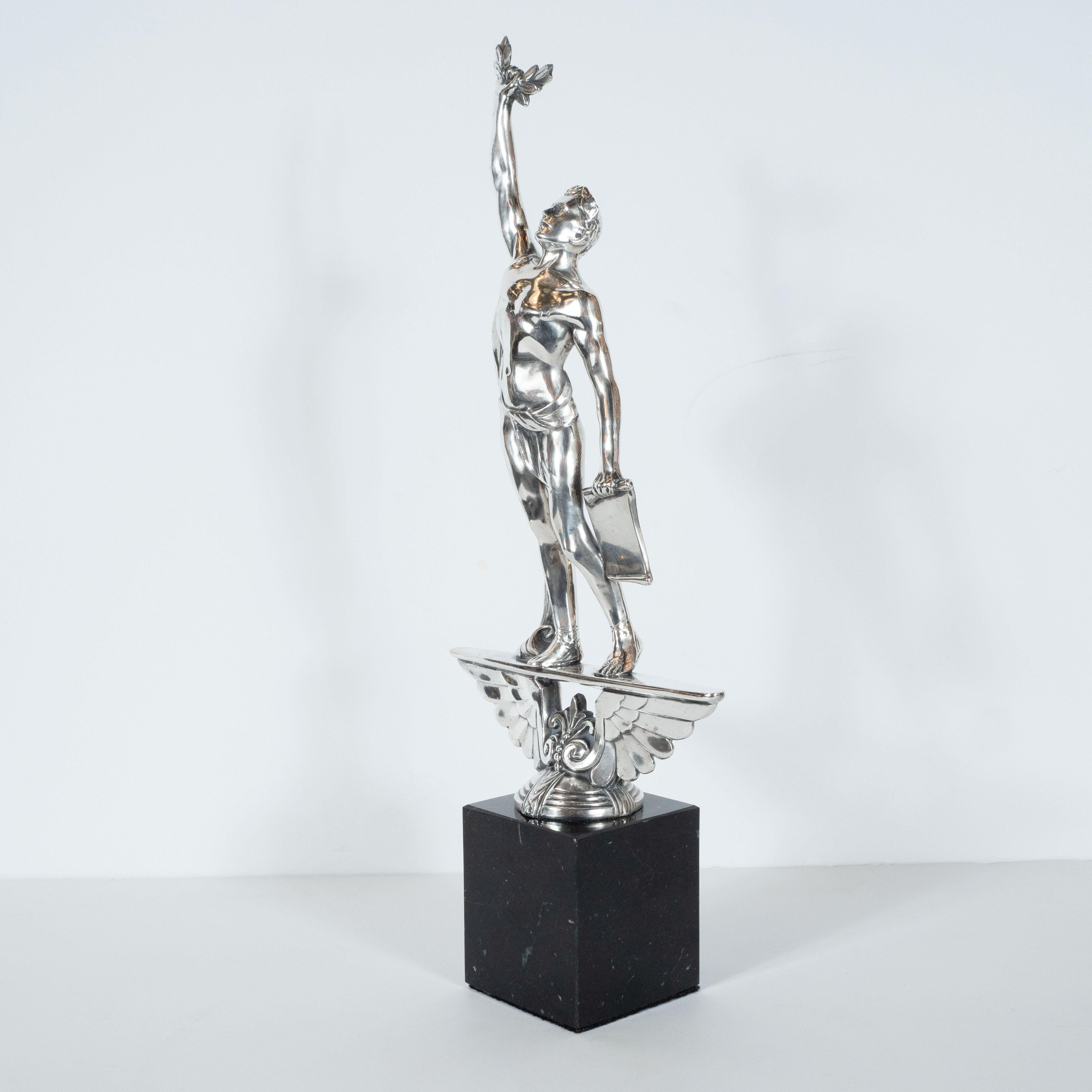 Art Deco Classical Figurative Silvered Sculpture with Wing and Acanthus Motifs 3