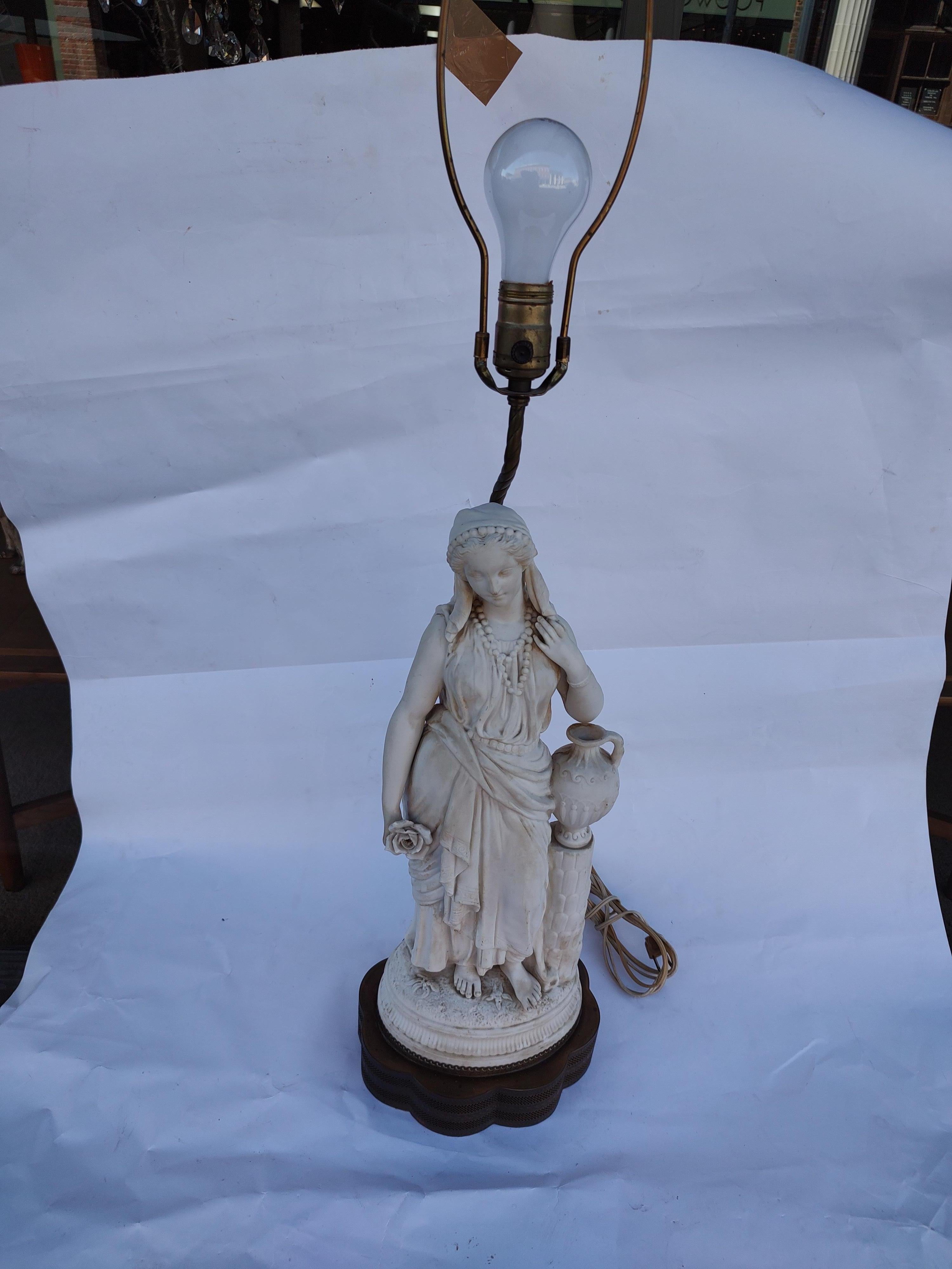 Fabulous bisque figure of a classical woman with a vase on a pedestal. In excellent vintage condition with minimal wear. No damage or bad repairs. Can be parcel posted. Height to top of socket is 27.5.
 