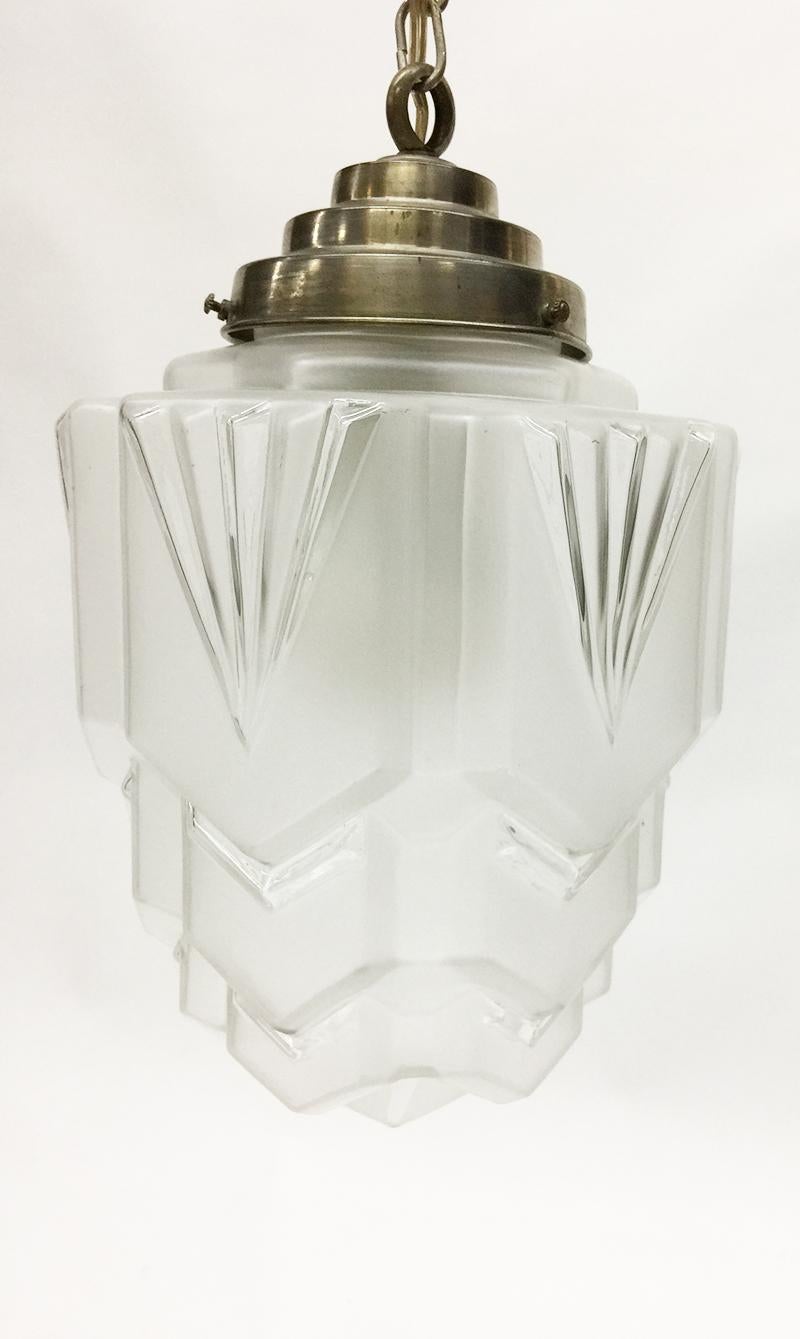 French Art Deco Clear and Mat Glass Skyscraper Pendant Light