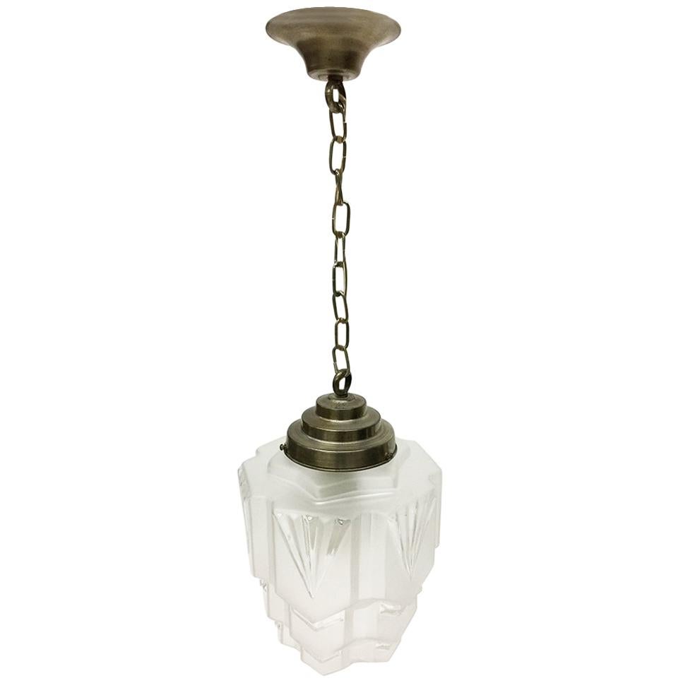 Art Deco Frosted Glass Pendant Light Fixture w/Skyscraper Design at 1stdibs