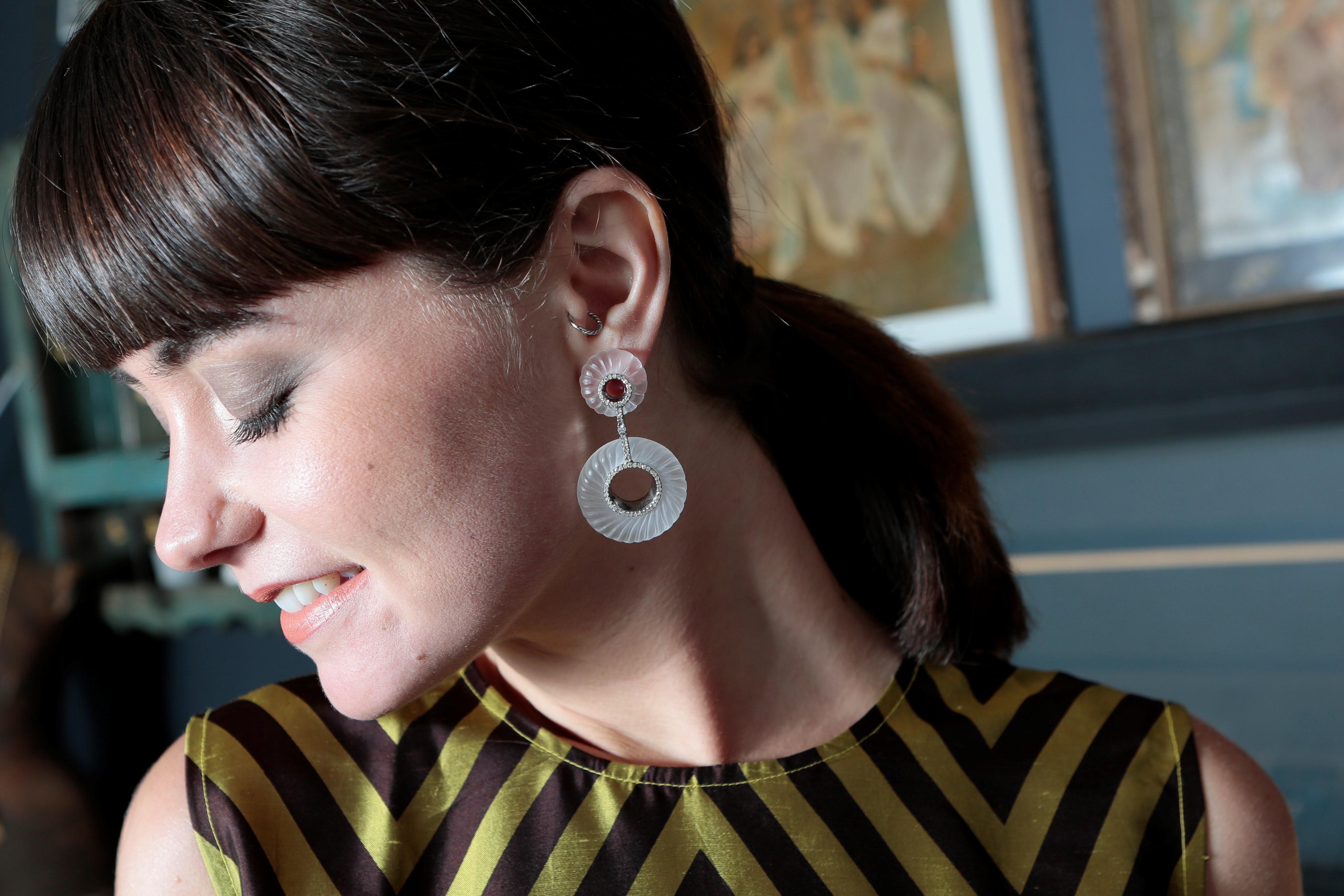 Art Deco Style Clear Carved Crystal Quartz and Diamond Cocktail Earrings In New Condition In London, W1U 2JG