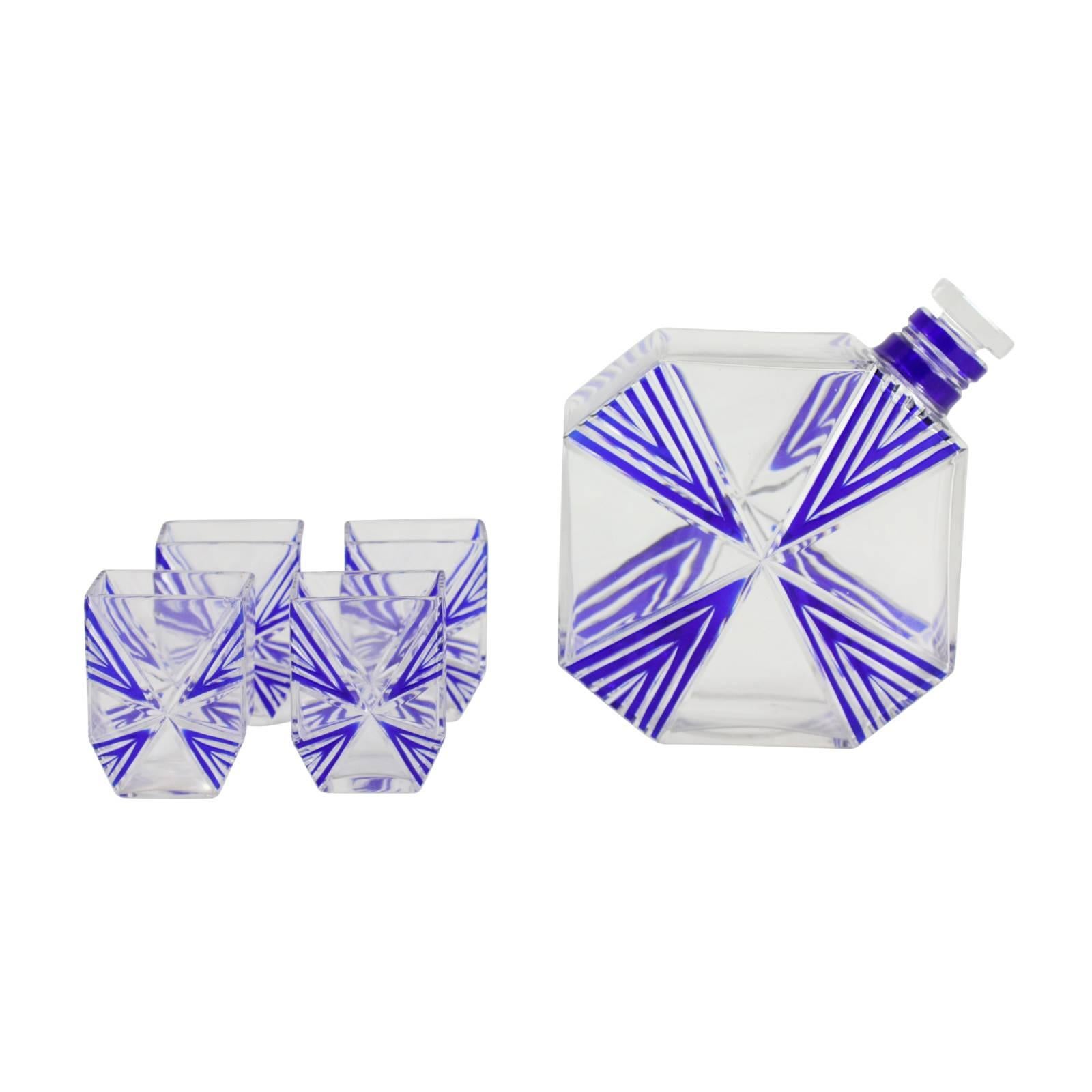 Czech Art Deco Clear Crystal and Blue Decanter and Four Shot Glasses by Karl Palda For Sale