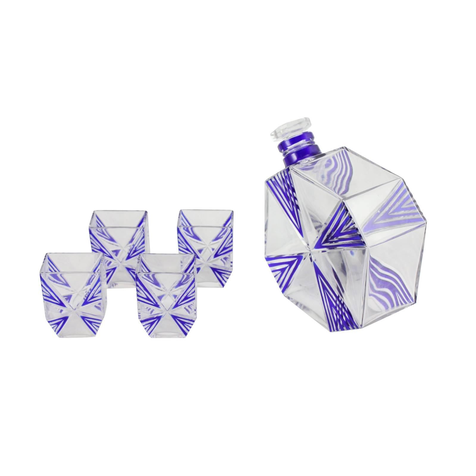 Mid-20th Century Art Deco Clear Crystal and Blue Decanter and Four Shot Glasses by Karl Palda For Sale