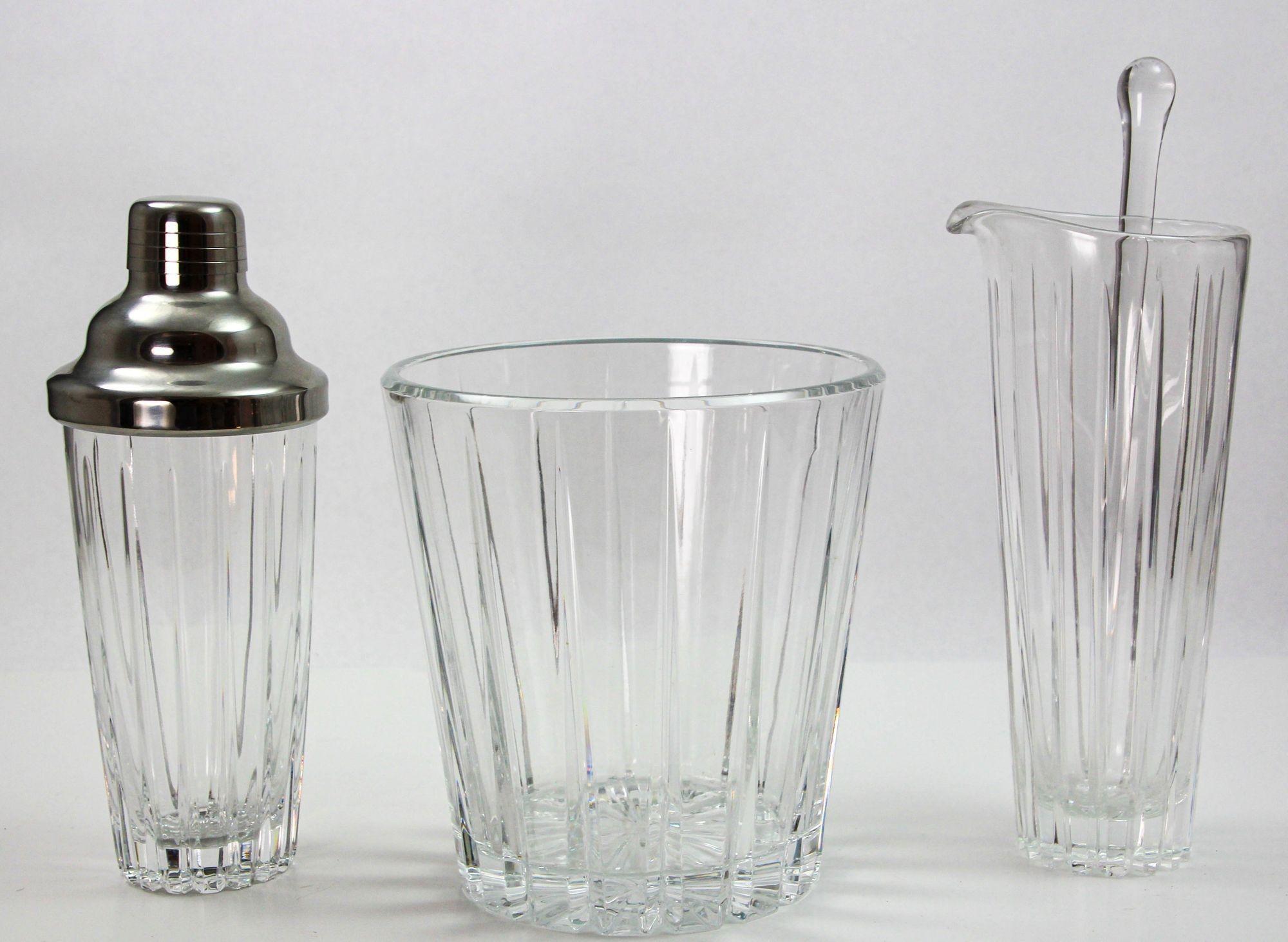 Art Deco Clear Cut Crystal Cocktail Shaker Ice Bucket and Pitcher For Sale 11