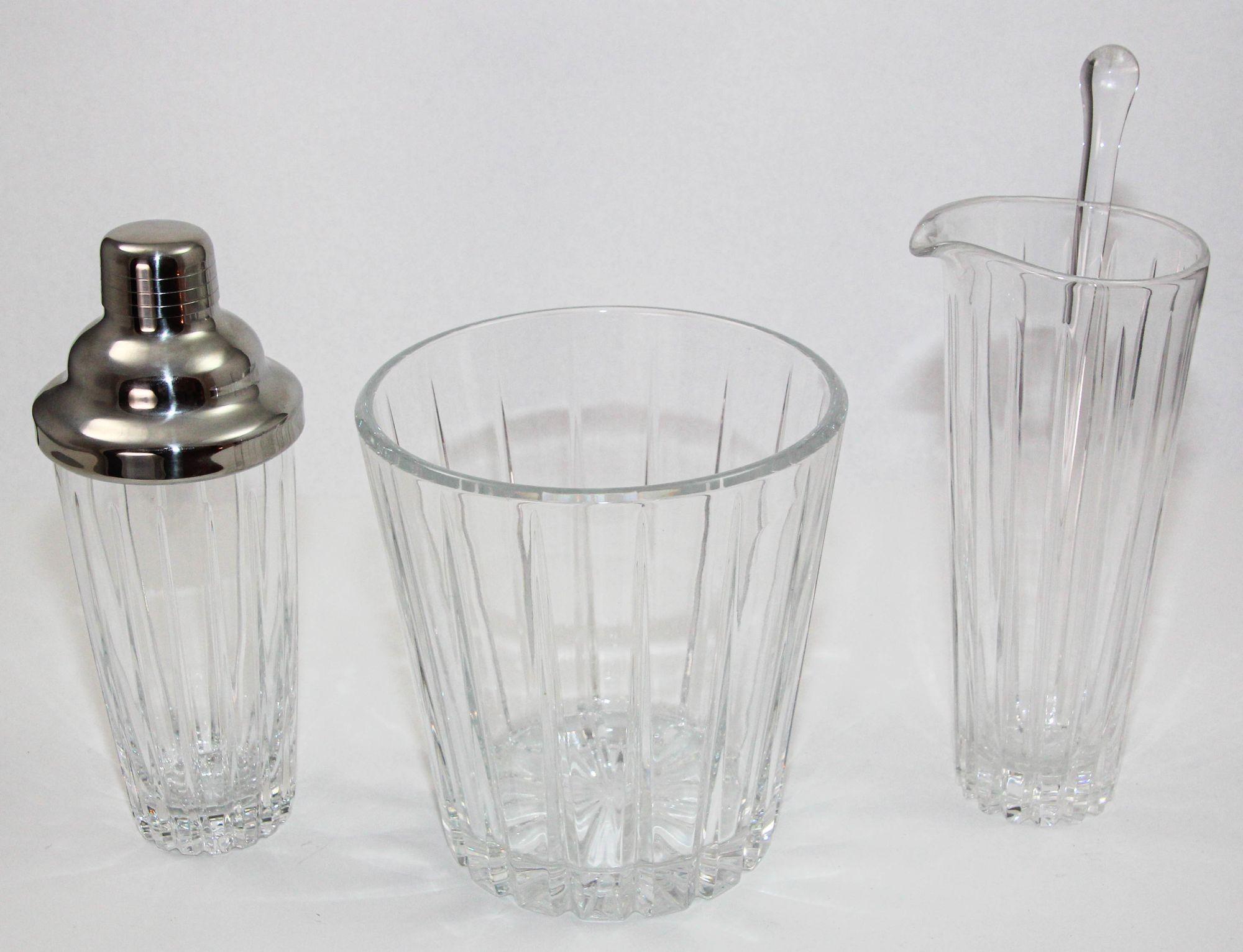 French Art Deco Clear Cut Crystal Cocktail Shaker Ice Bucket and Pitcher For Sale