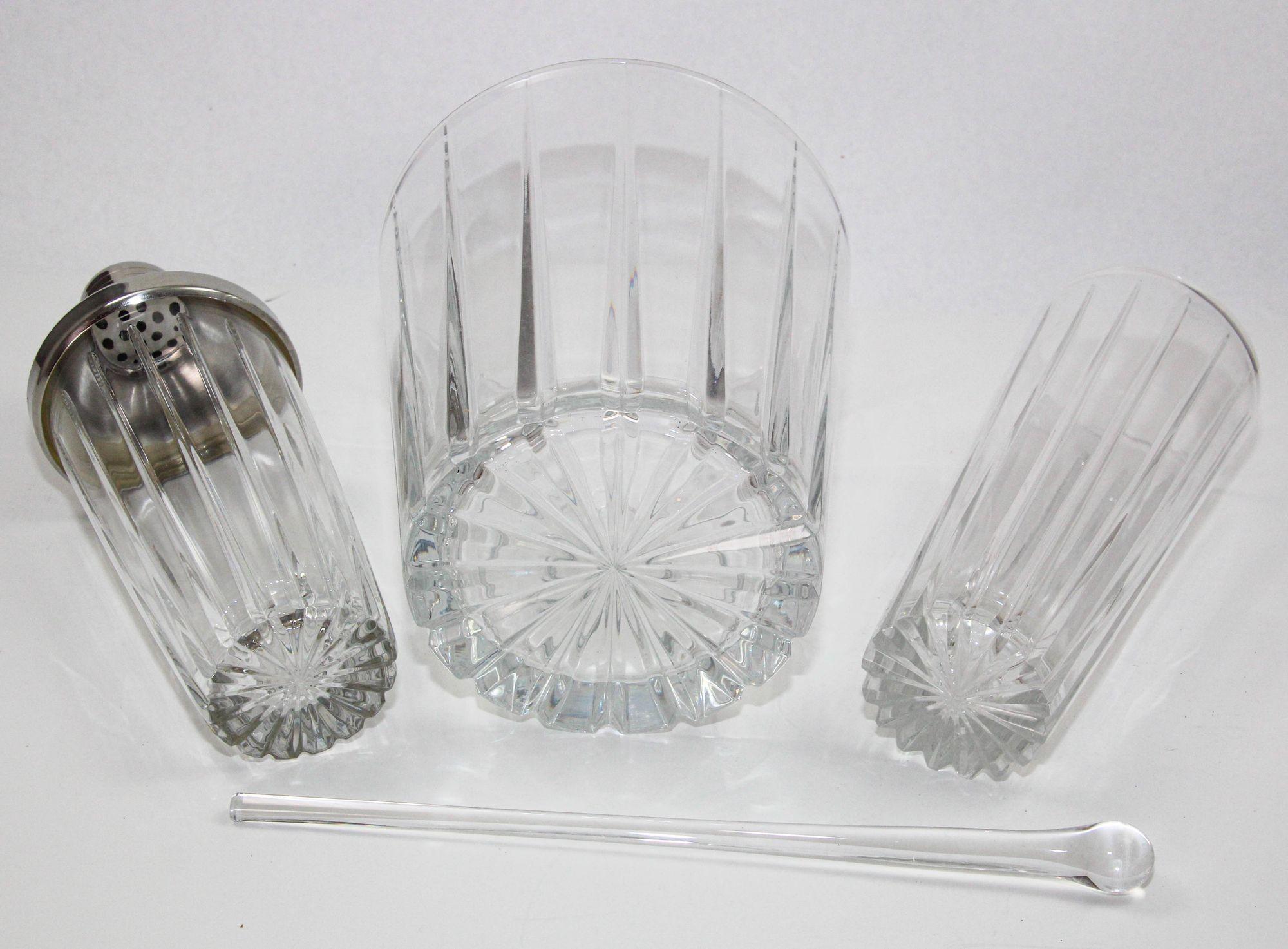 Art Deco Clear Cut Crystal Cocktail Shaker Ice Bucket and Pitcher For Sale 1