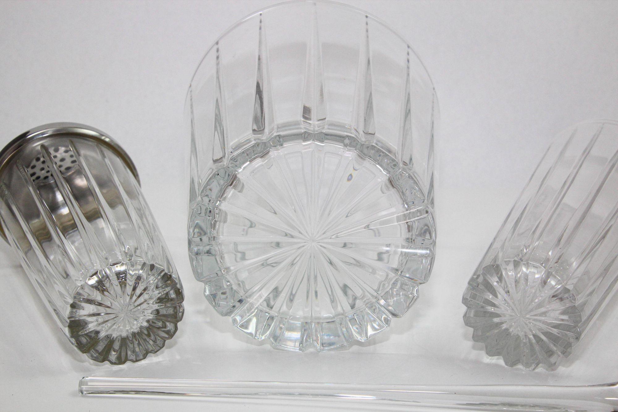 Art Deco Clear Cut Crystal Cocktail Shaker Ice Bucket and Pitcher For Sale 2