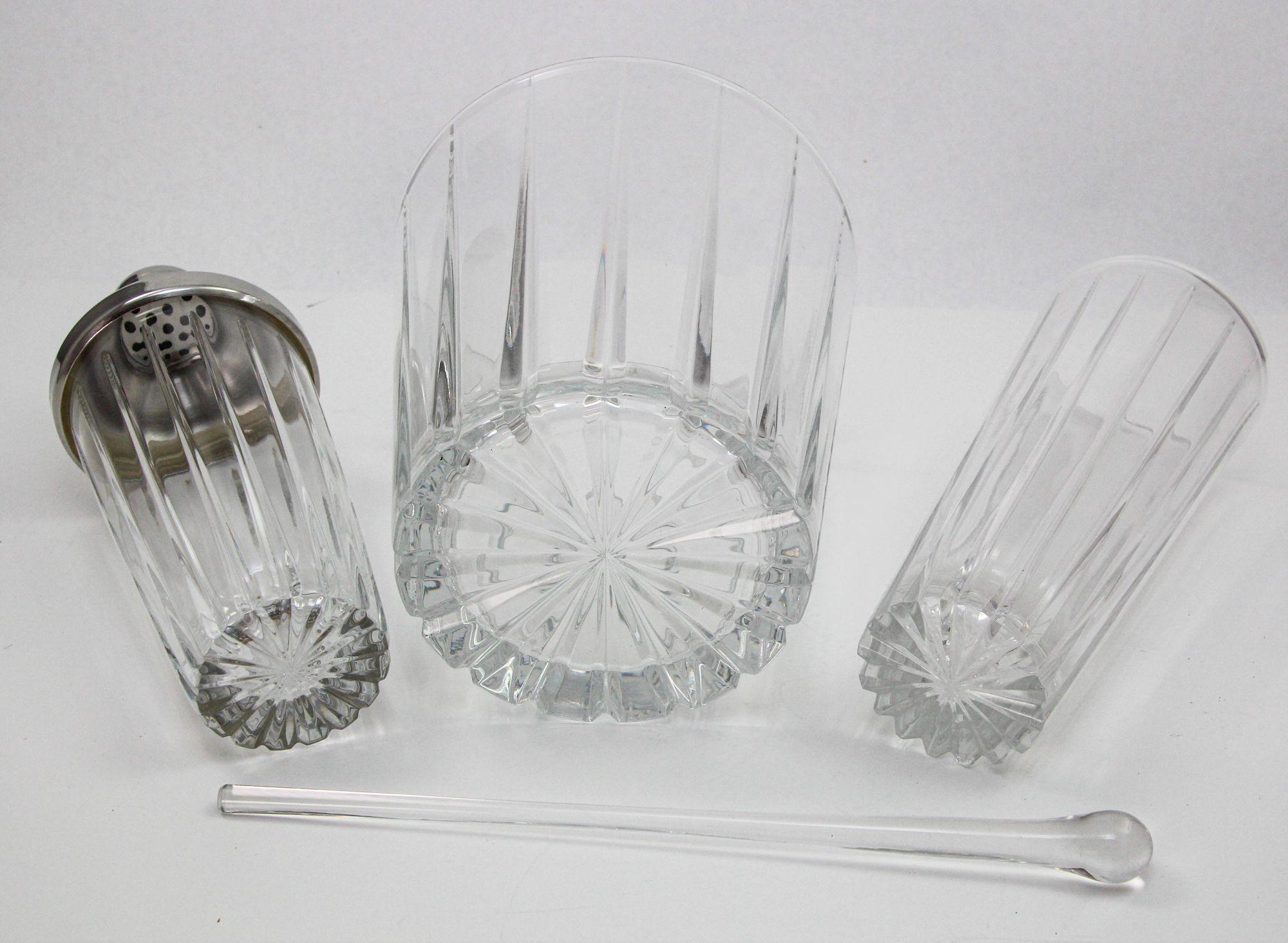 Art Deco Clear Cut Crystal Cocktail Shaker Ice Bucket and Pitcher For Sale 3