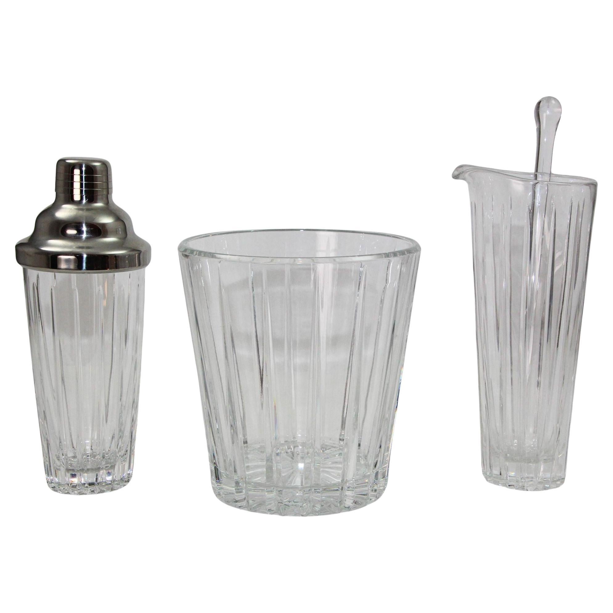 Art Deco Clear Cut Crystal Cocktail Shaker Ice Bucket and Pitcher For Sale