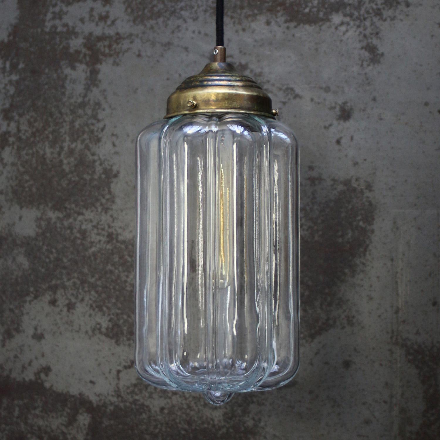 Lámparas colgantes Art Decó de latón y cristal transparente Francés en venta