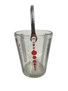 Art Deco Clear Glass Ice Bucket w/ Black Lines Between Graduated Red Dots