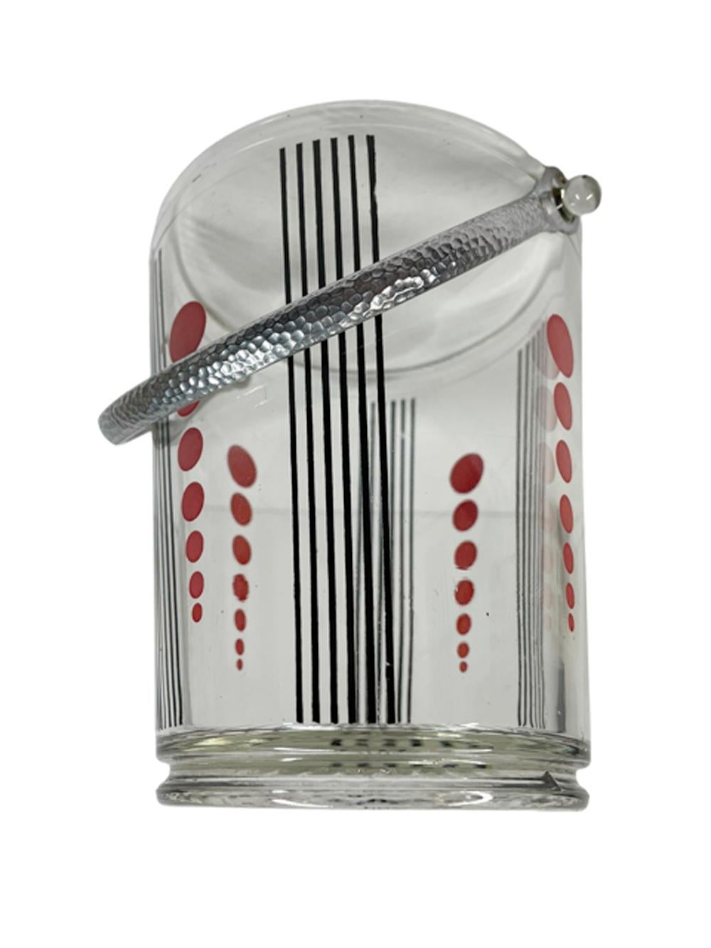 20th Century Art Deco Clear Glass Ice Bucket w/ Black Lines Between Graduated Red Dots For Sale