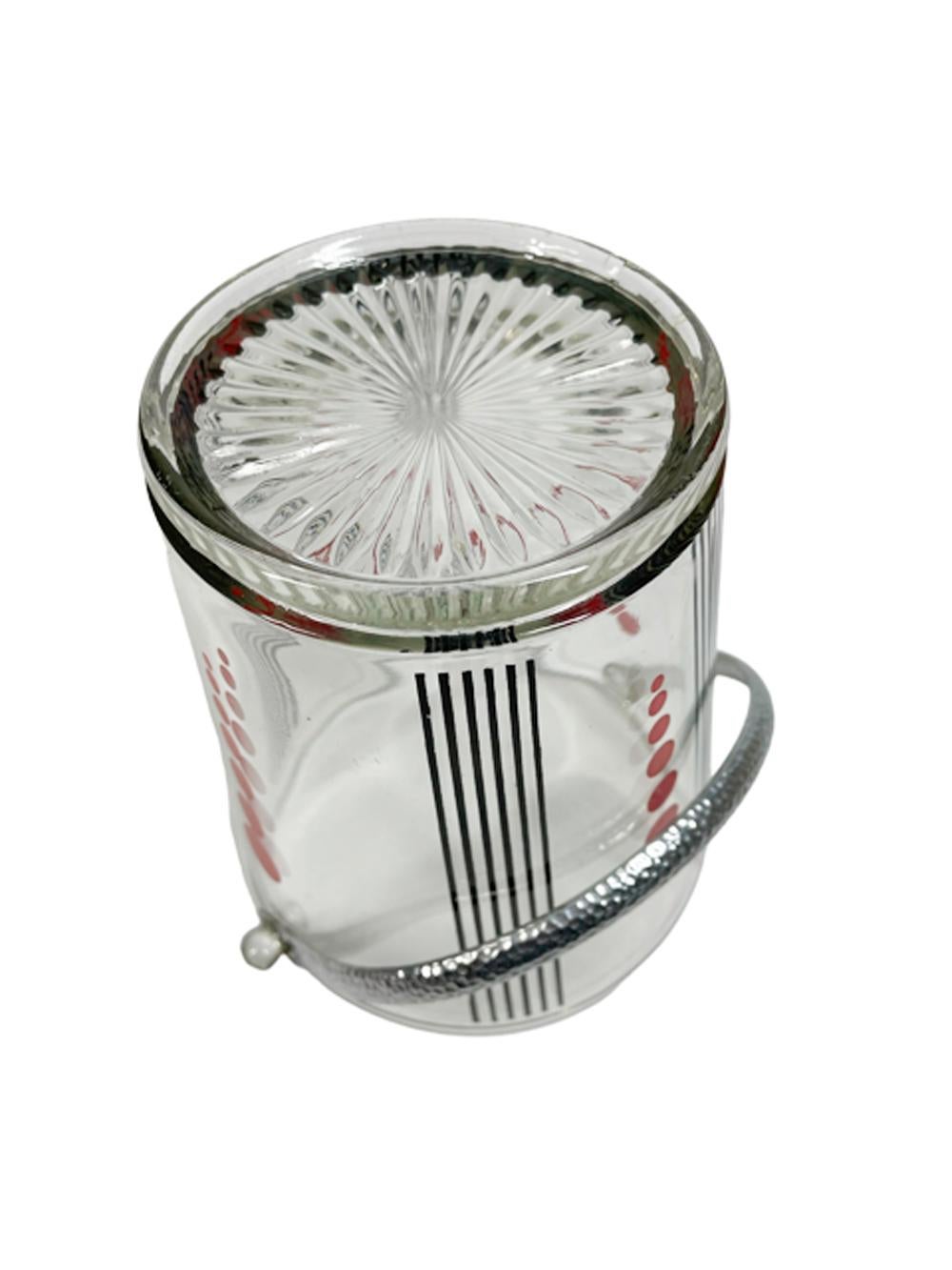 Metal Art Deco Clear Glass Ice Bucket w/ Black Lines Between Graduated Red Dots For Sale