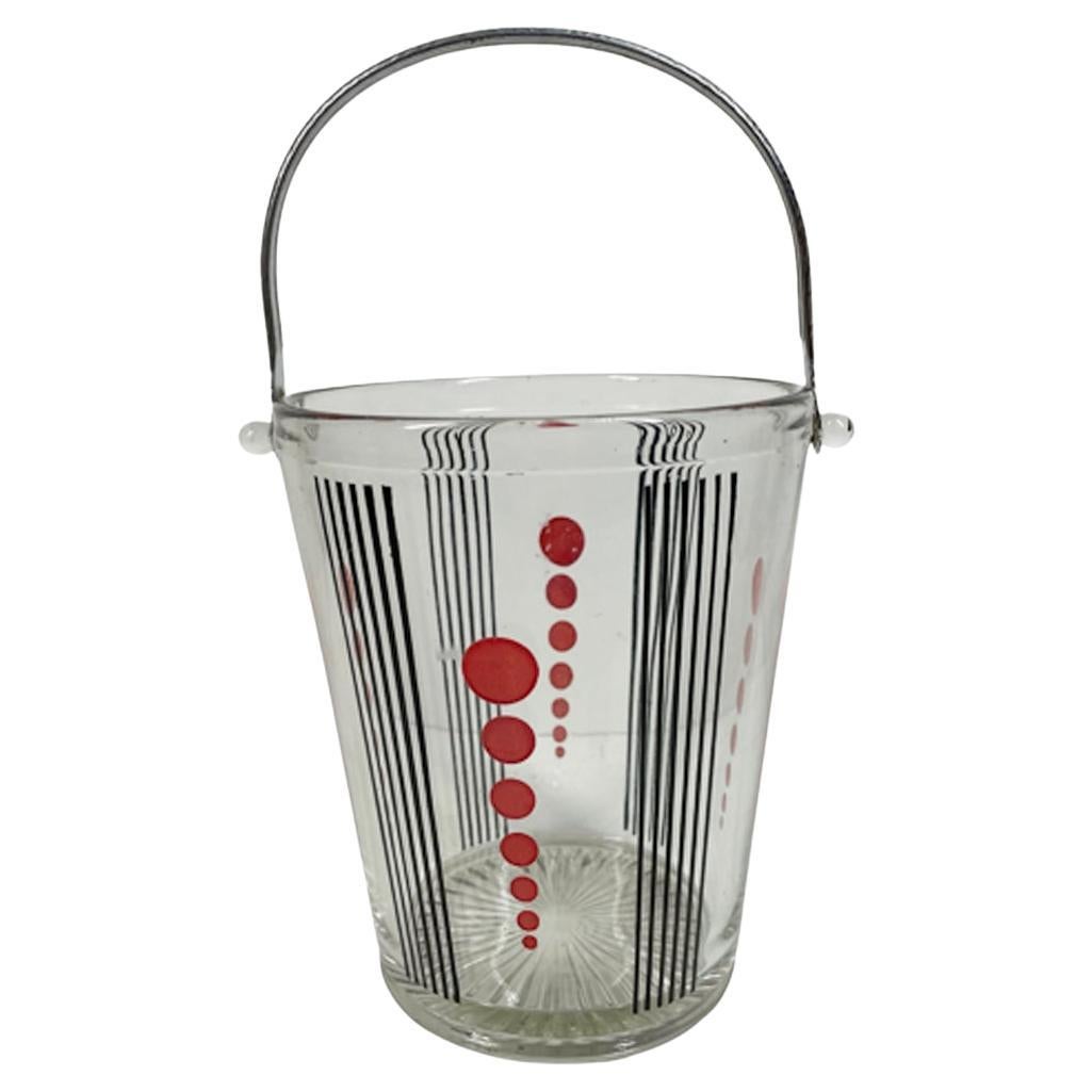 Art Deco Clear Glass Ice Bucket w/ Black Lines Between Graduated Red Dots For Sale