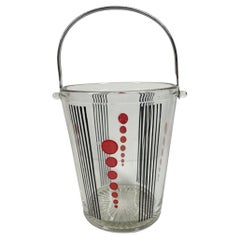 Art Deco Clear Glass Ice Bucket w/ Black Lines Between Graduated Red Dots