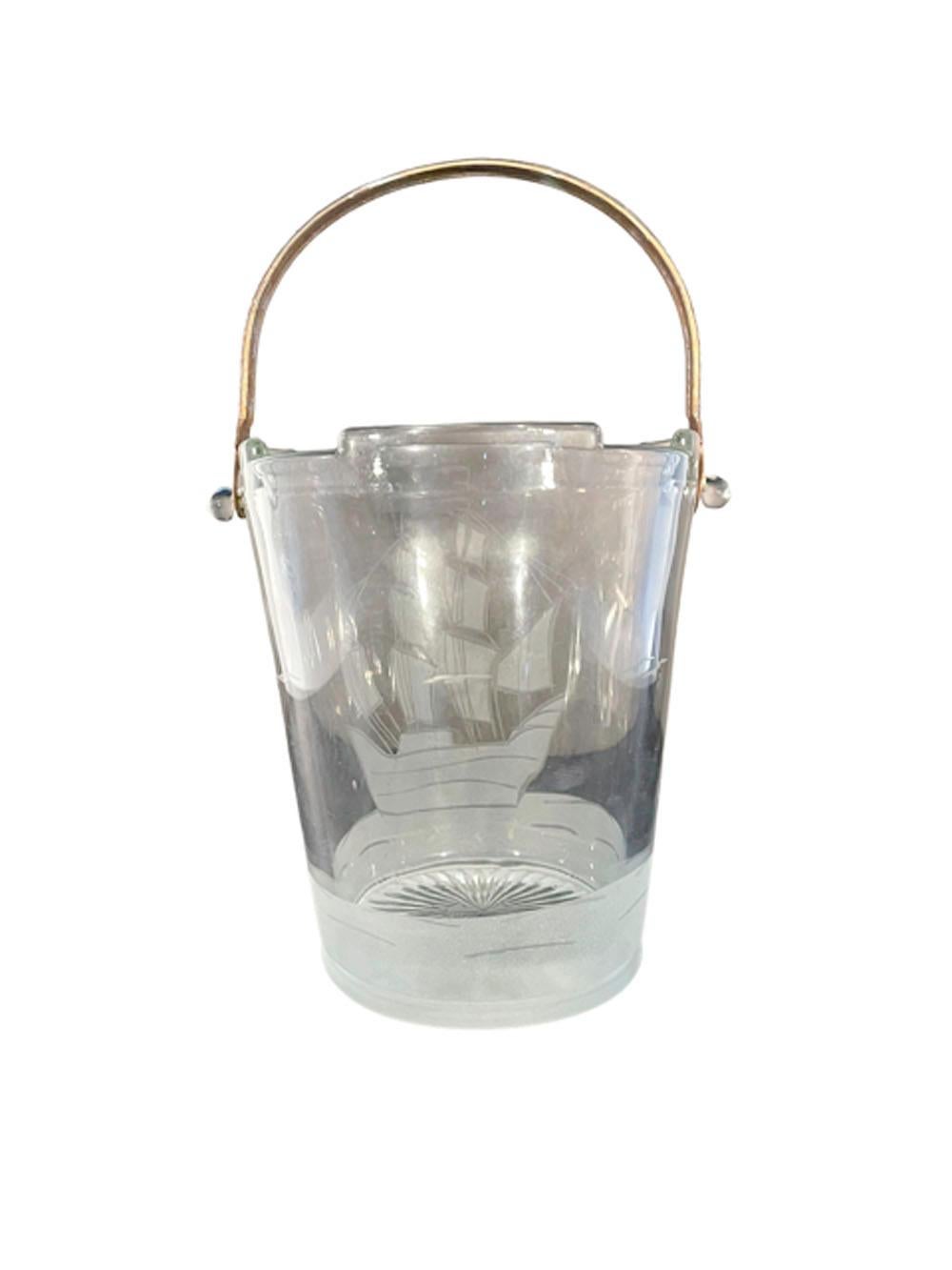 Art Deco Clear Glass Ice Bucket with Etched Sailing Ship Design and Metal Handle In Good Condition For Sale In Nantucket, MA