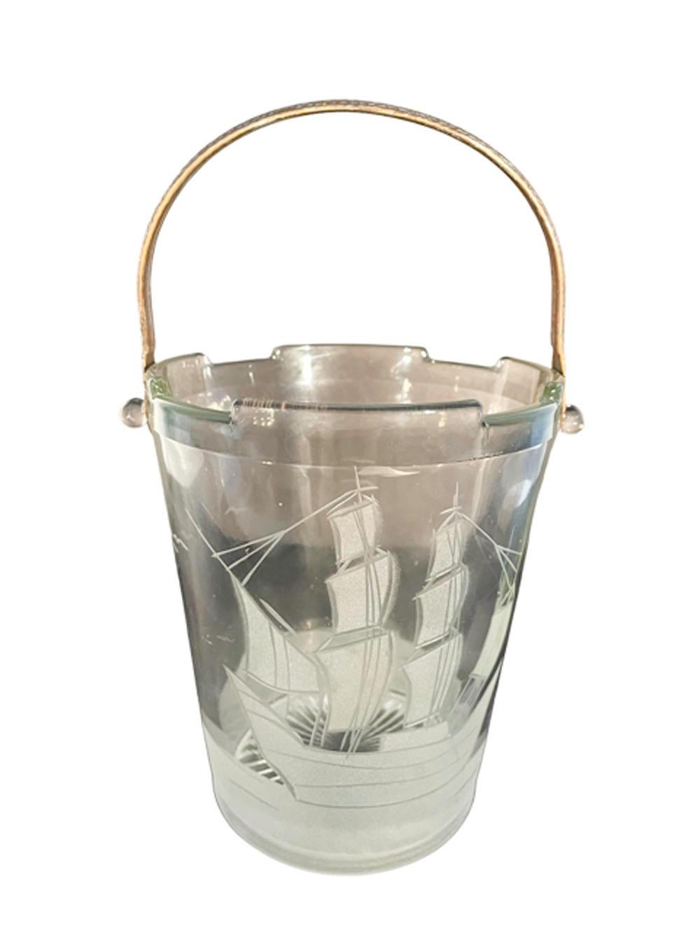 Art Deco Clear Glass Ice Bucket with Etched Sailing Ship Design and Metal Handle For Sale 1