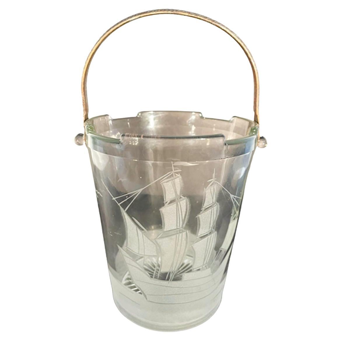 Art Deco Clear Glass Ice Bucket with Etched Sailing Ship Design and Metal Handle
