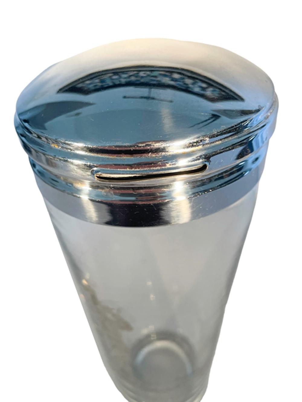 American Art Deco Clear Glass Silver Overlay Golf Theme Cocktail Shaker w/2 Part Lid For Sale