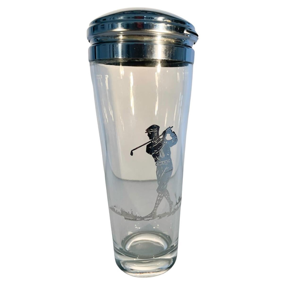 Art Deco Clear Glass Silver Overlay Golf Theme Cocktail Shaker w/2 Part Lid For Sale