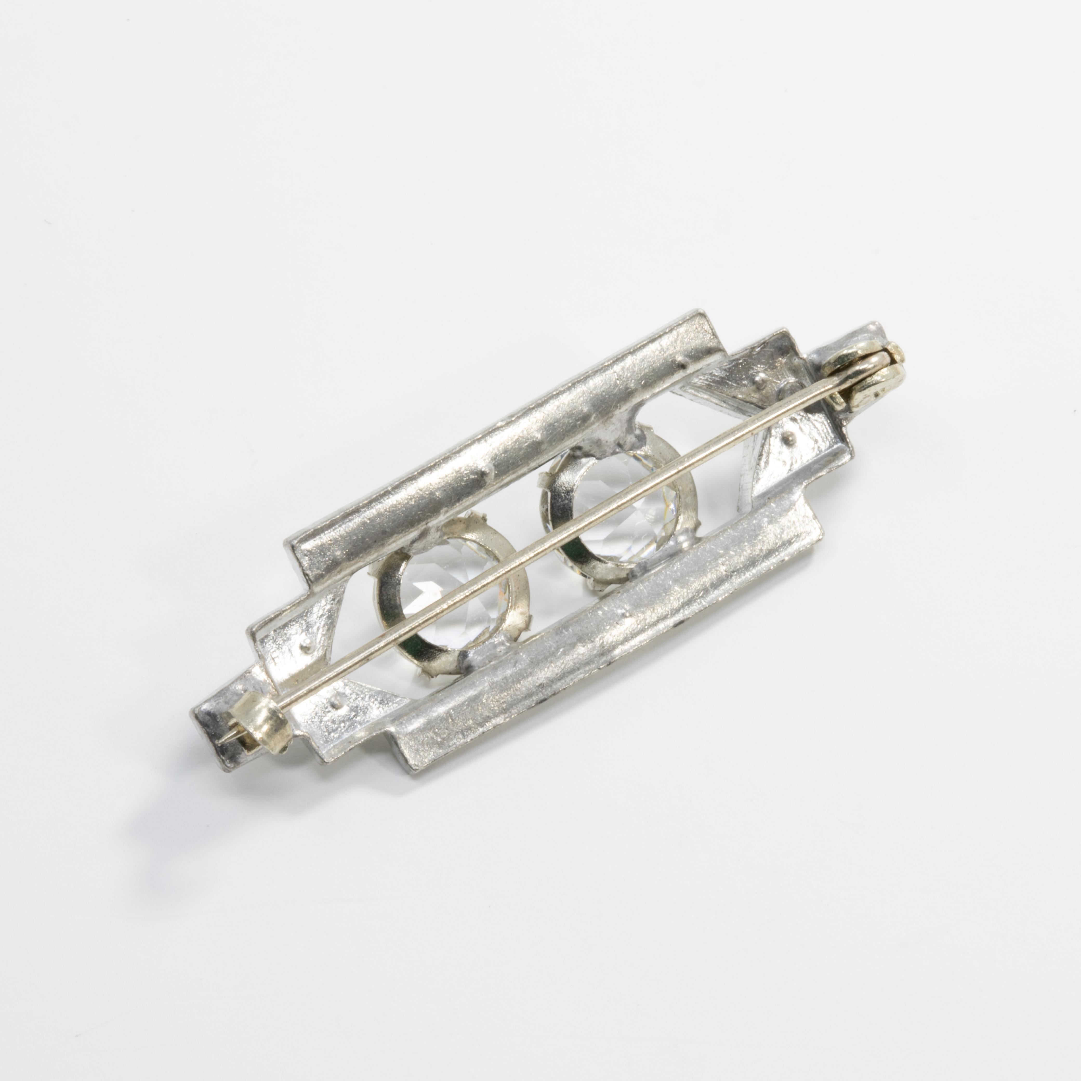 Round Cut Art Deco Clear Prong Set Crystal Rectangular Pin in Silver Tone For Sale
