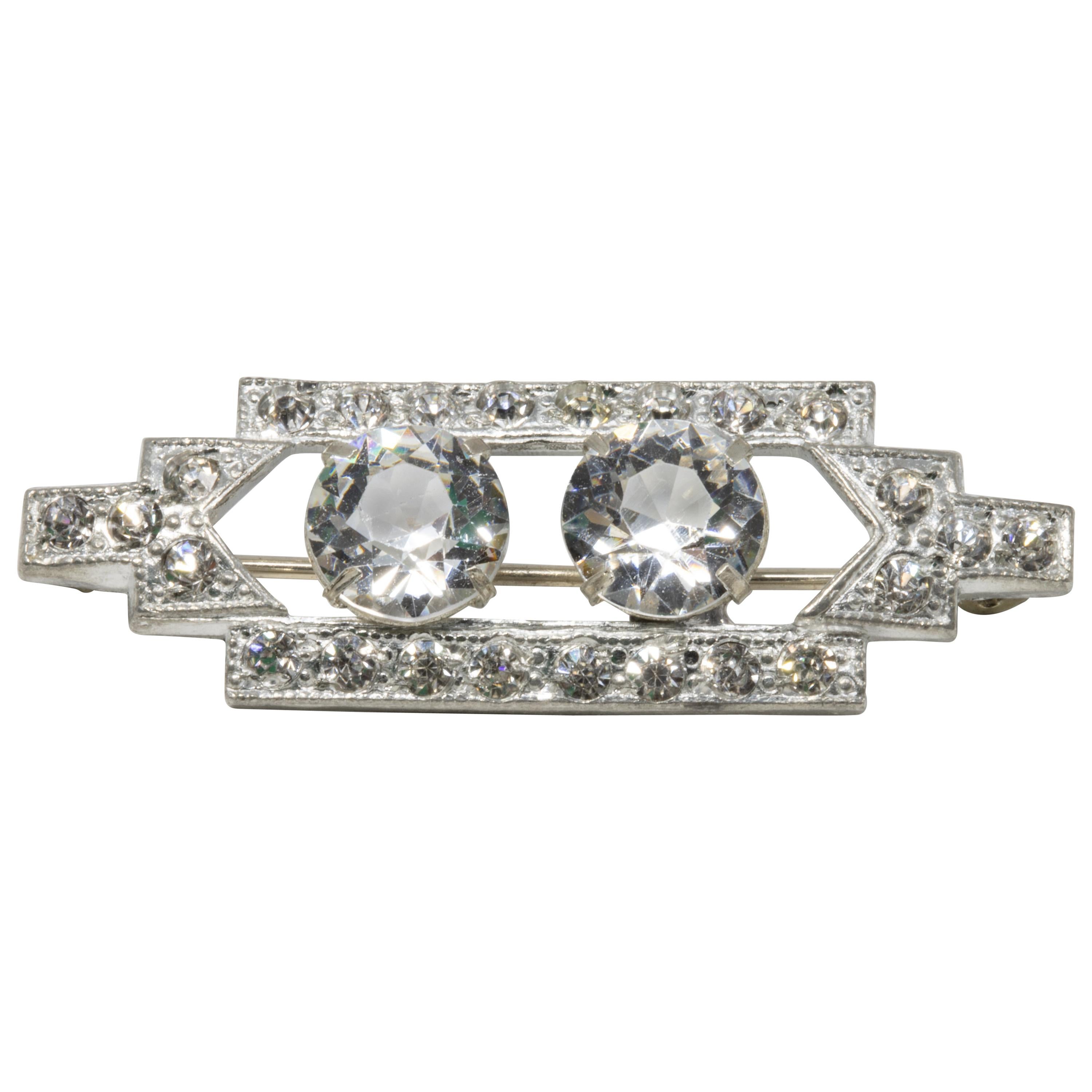Art Deco Clear Prong Set Crystal Rectangular Pin in Silver Tone