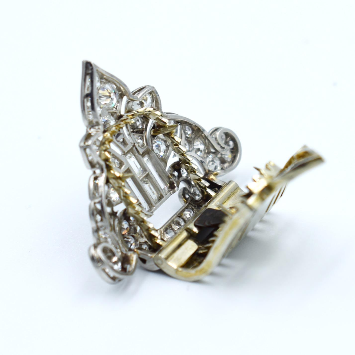 Old Mine Cut Art Deco Clip in Gold, Platinum, and Diamonds For Sale