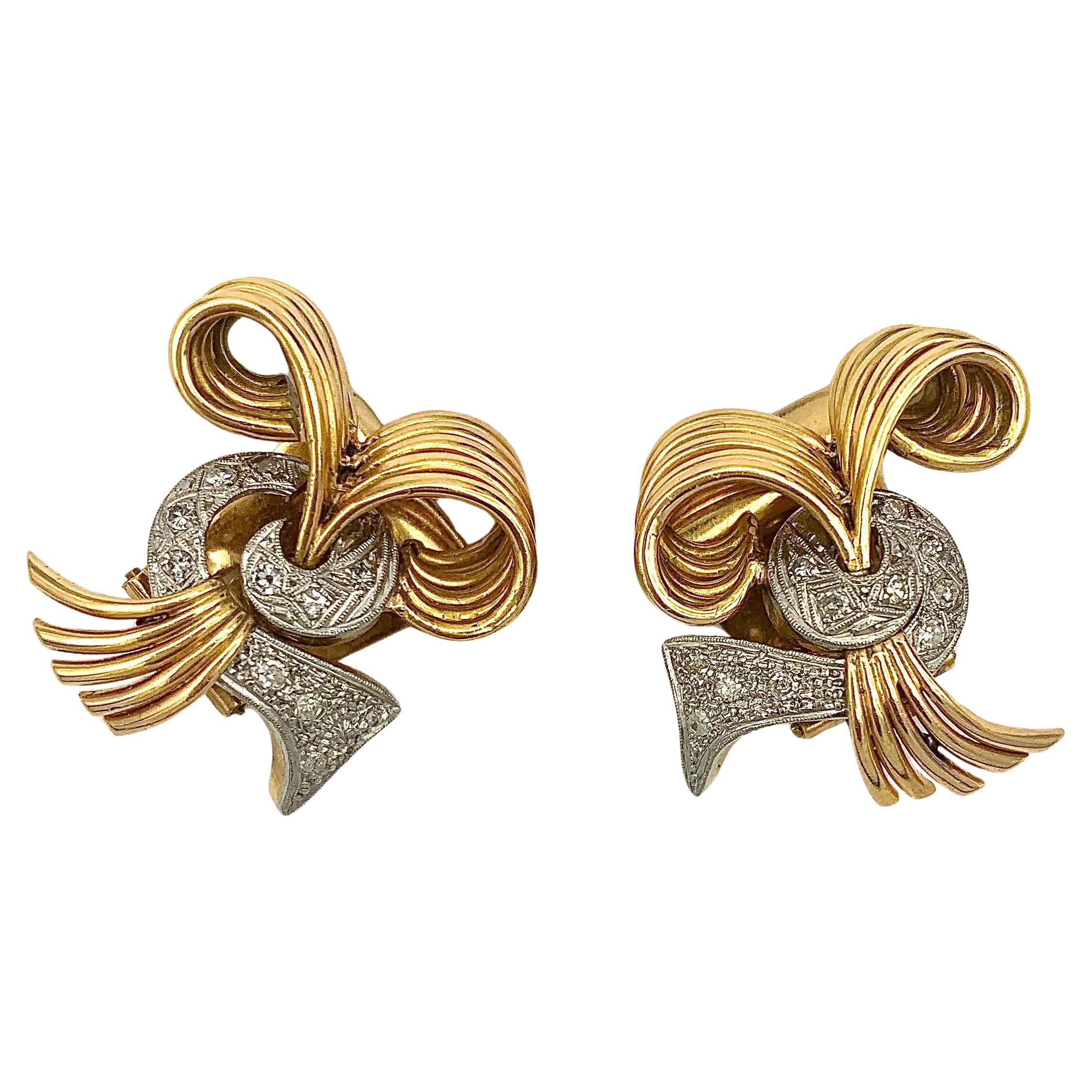Art Deco Clip On Earrings 14 Karat Gold Platinum Diamonds For Sale