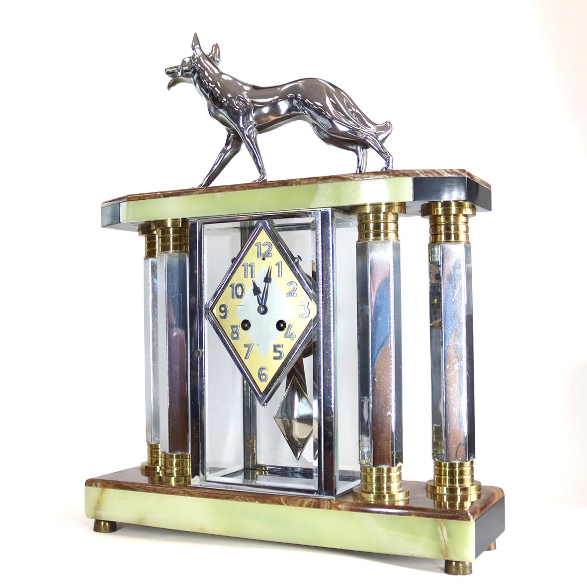 French Art Deco Clock and Garniture with Michel Decoux Sculpture of German Shepherd Dog For Sale