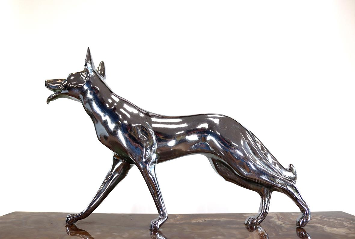Art Deco Clock and Garniture with Michel Decoux Sculpture of German Shepherd Dog In Good Condition For Sale In Amersham, GB