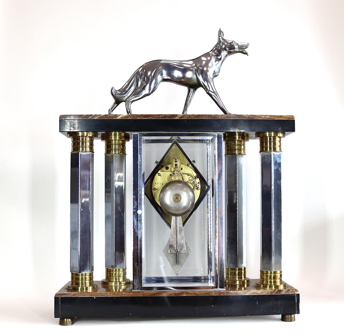 Early 20th Century Art Deco Clock and Garniture with Michel Decoux Sculpture of German Shepherd Dog For Sale