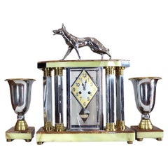 Art Deco Clock and Garniture with Michel Decoux Sculpture of German Shepherd Dog
