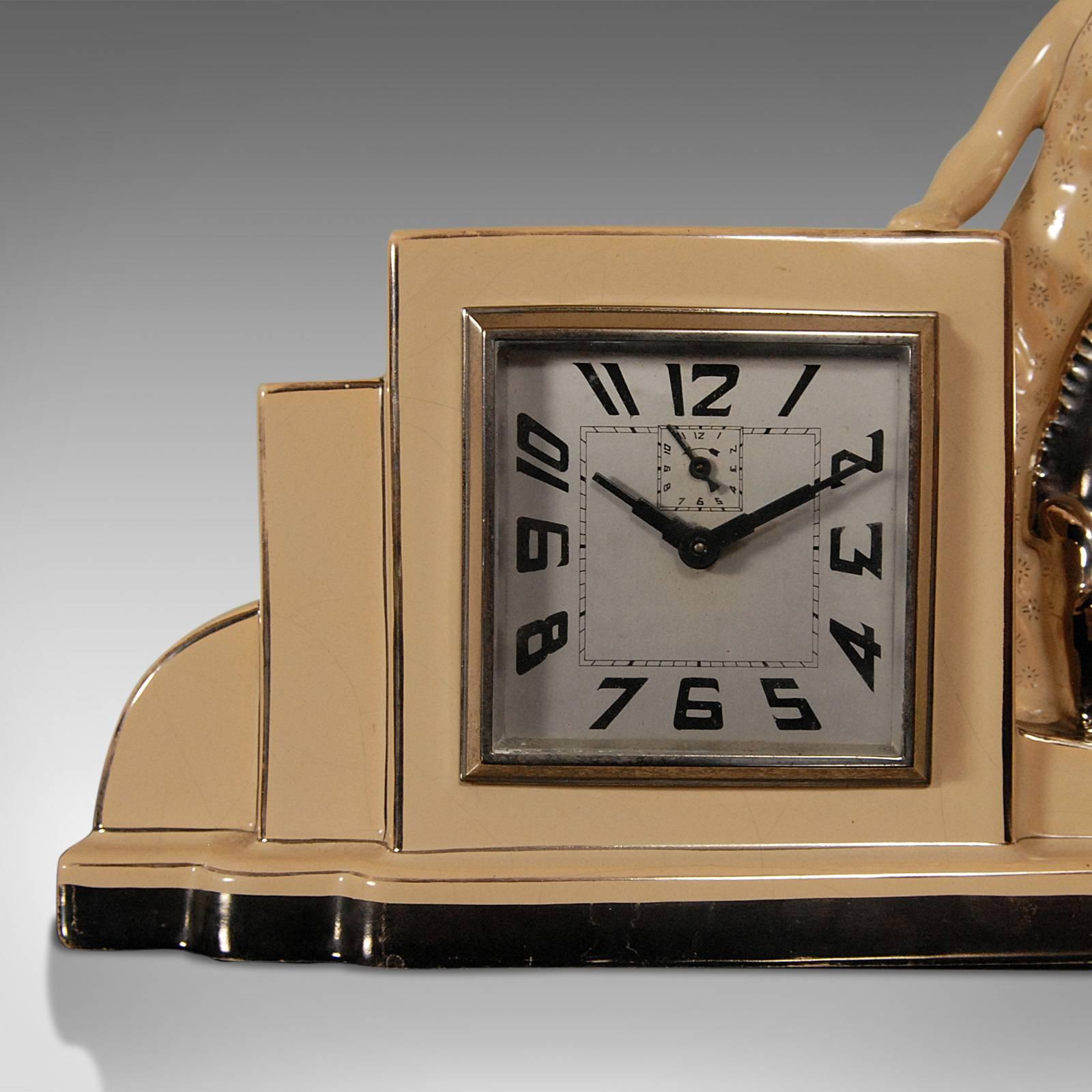 Ceramic Art Deco Clock and Garnitures, French ODYV Timepiece, Working with Alarm
