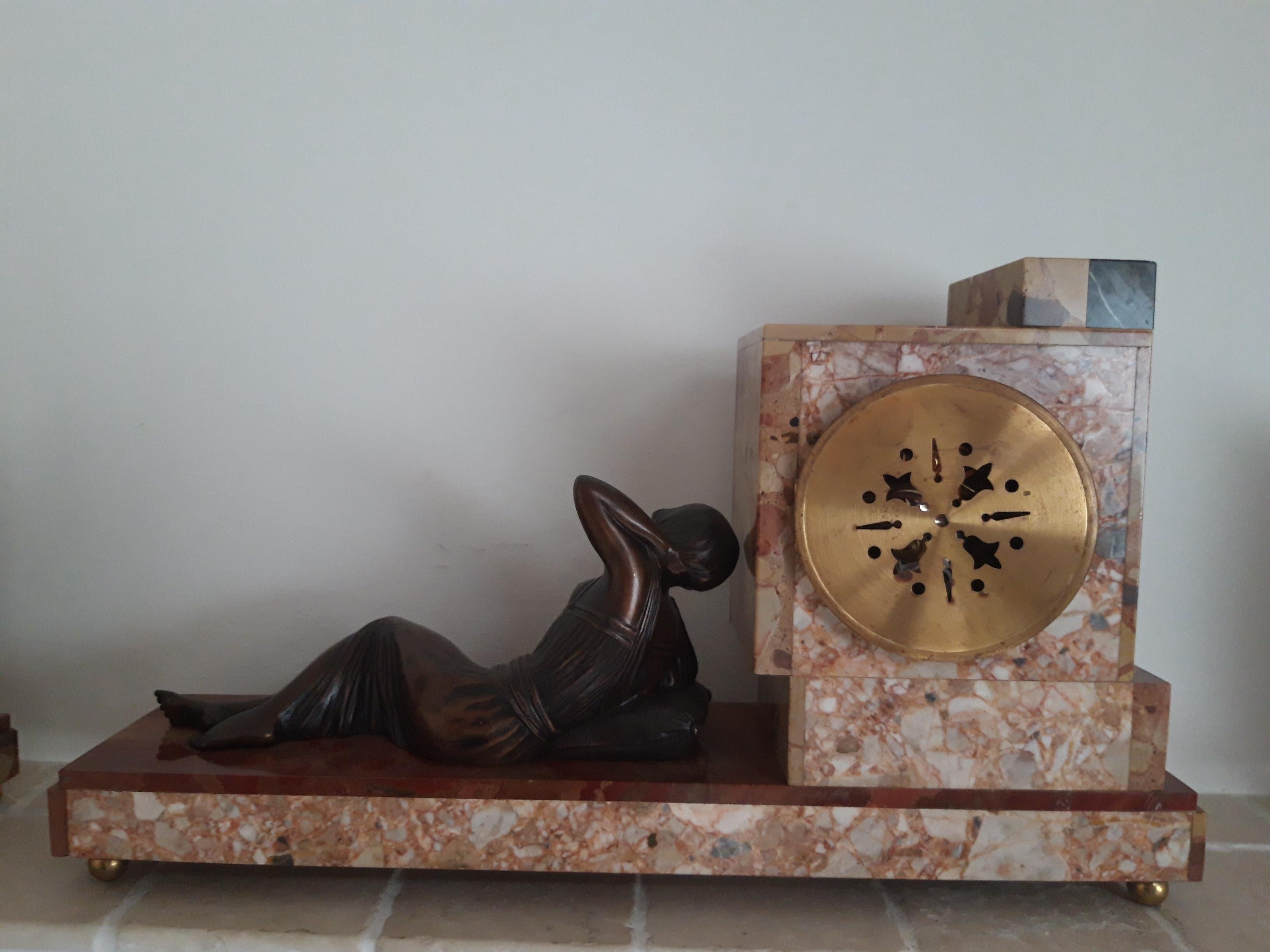 French Art Deco Clock, Bronze and Marble For Sale