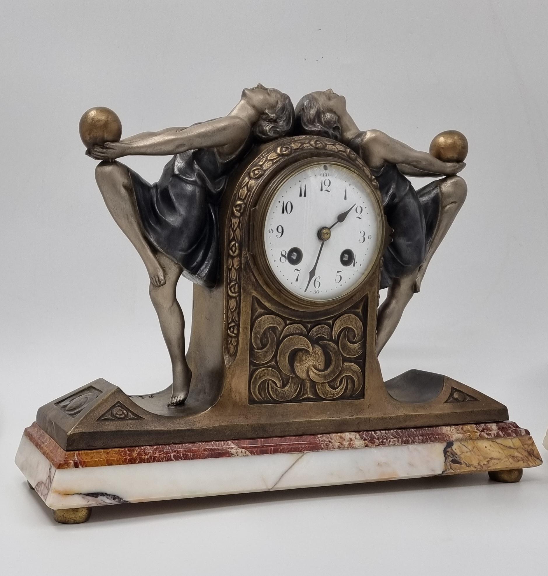 Spelter Art Deco Clock Garniture Set with Two Ball Dancers by P. Sega For Sale